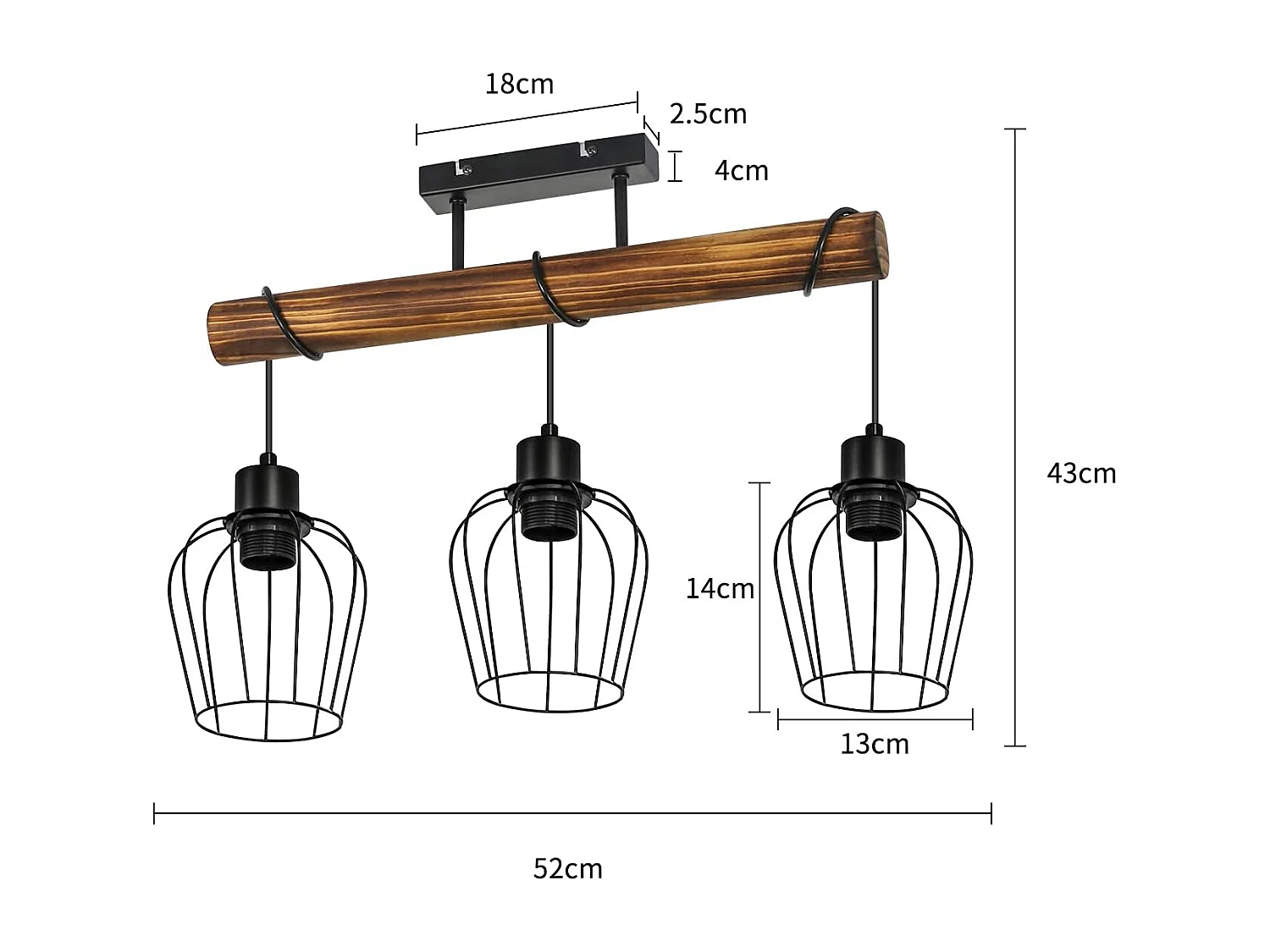 NETTLIFE Plafonnier 3 spots métal et bois noir E27 lampe de salon vintage en bois flammé au design industriel avec hauteur réglable sans ampoule