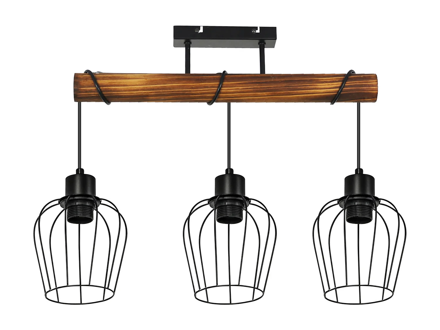 NETTLIFE Plafonnier 3 spots métal et bois noir E27 lampe de salon vintage en bois flammé au design industriel avec hauteur réglable sans ampoule