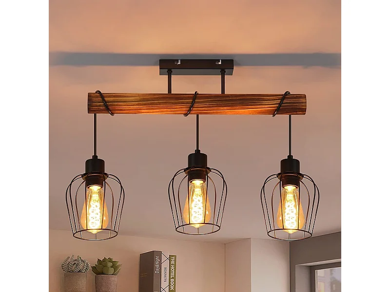 NETTLIFE Plafondlamp 3 vlammen E27 - zwart - retro - hout en Metaal - hoogte verstelbare voor Woonkamer Keuken Slaapkamer - zonder gloeilamp