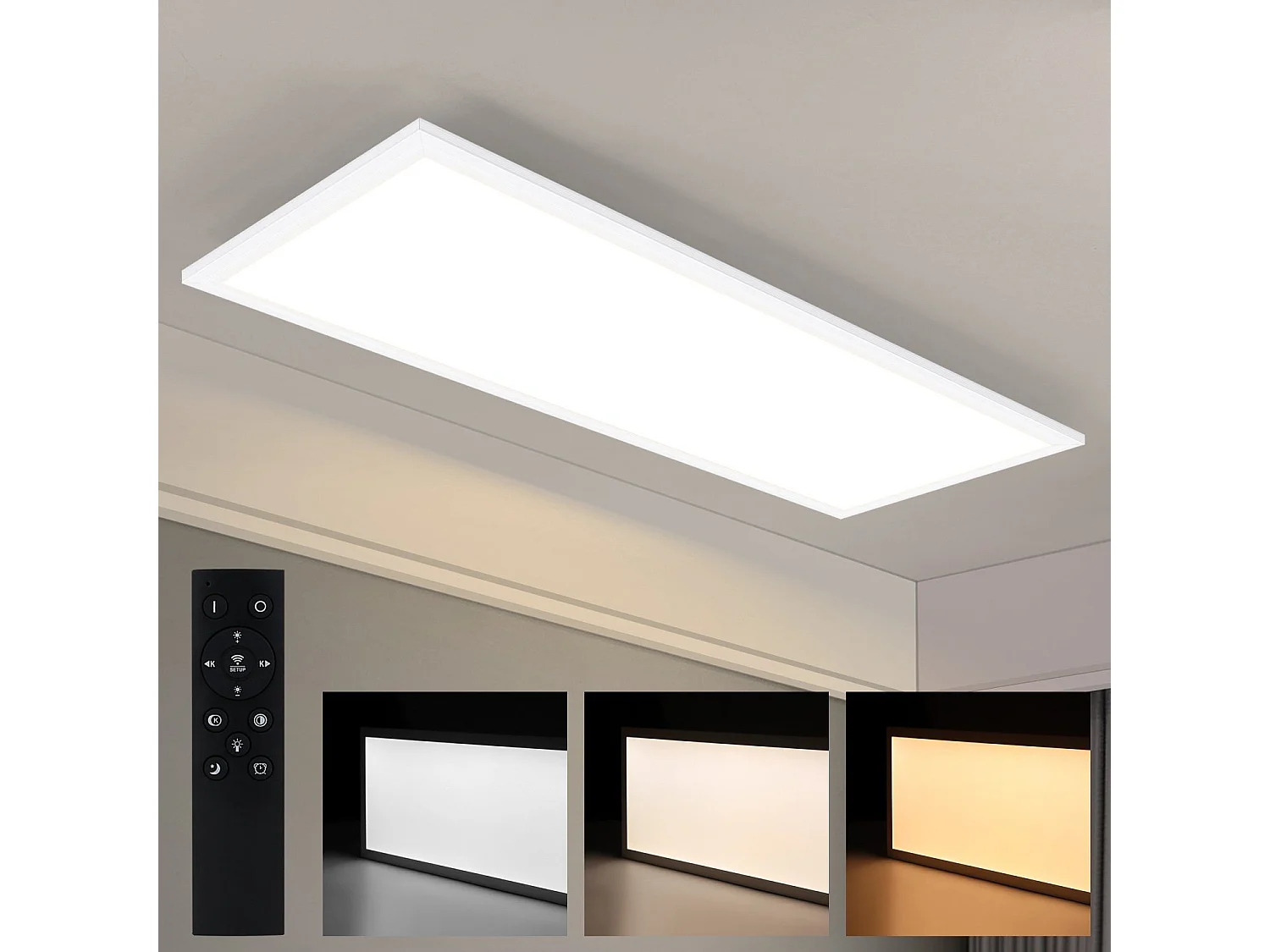 NETTLIFE Lampa sufitowa LED, 80 x 30 cm, 39 W, 3000 K z możliwością ściemniania, płaska, lampa z pilotem, panelowa, biała, lampa biurkowa do kuchni
