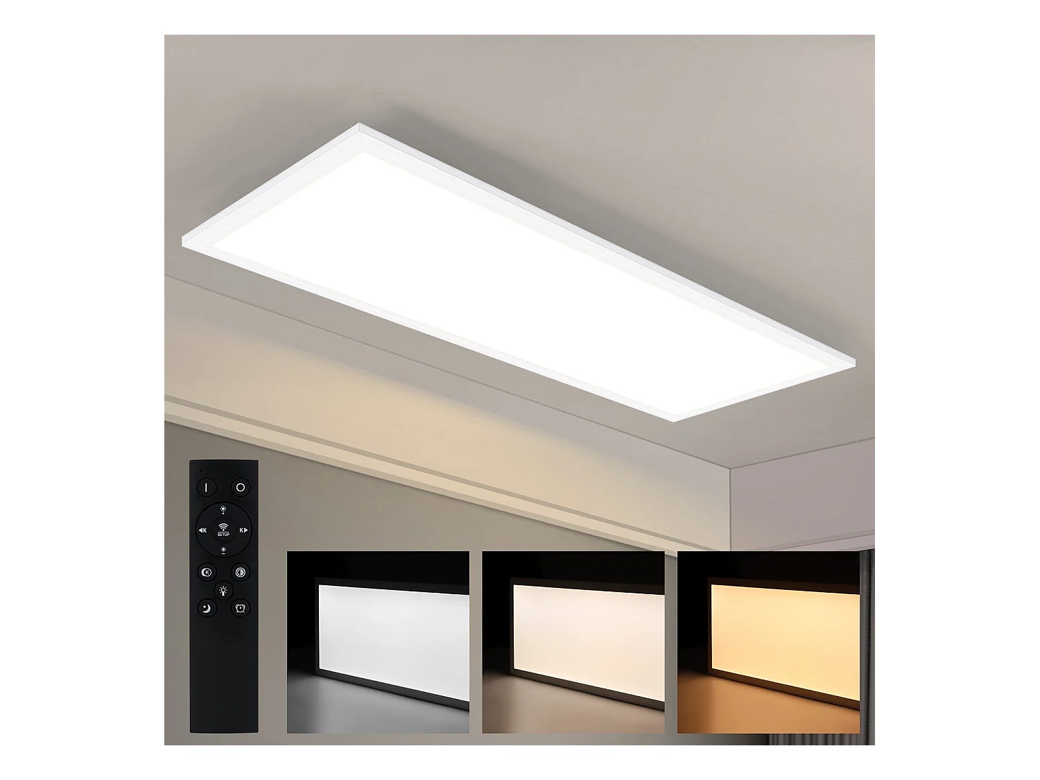 NETTLIFE Plafonnier LED, 80 x 30 cm,39W, 3000 K Dimmable, Plat, Lampe avec Télécommande, Panneau, Blanc, Lampe de Bureau pour Cuisine
