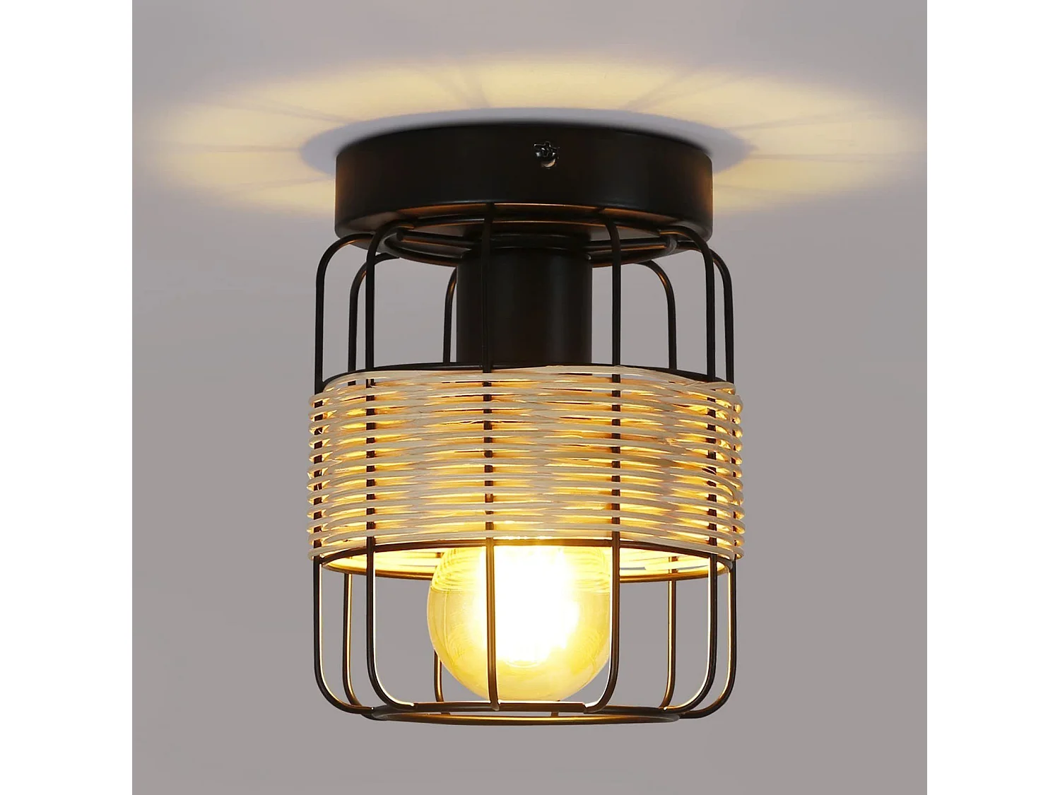 NETTLIFE Plafonnier Vintage E27 Spot Noir Lampe en Rotin Industriel Rétro Boho Métal Bambou Lampe de Cuisine pour Salon Couloir Entrée