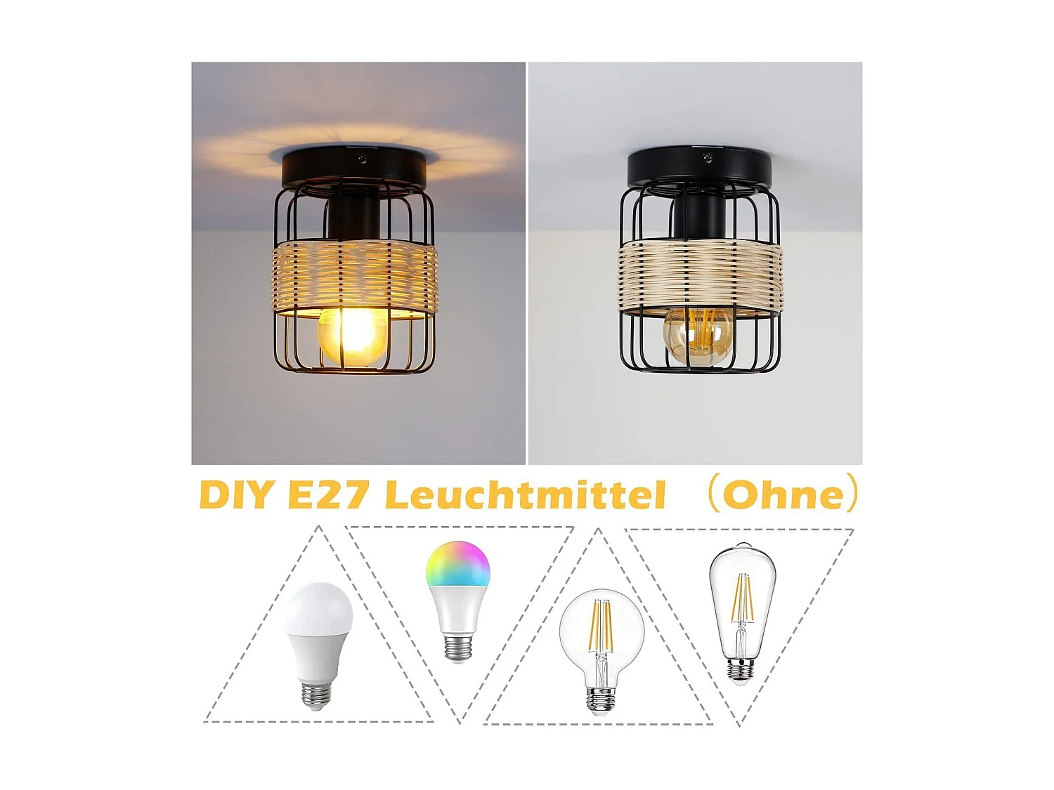 NETTLIFE Plafonnier Vintage E27 Spot Noir Lampe en Rotin Industriel Rétro Boho Métal Bambou Lampe de Cuisine pour Salon Couloir Entrée