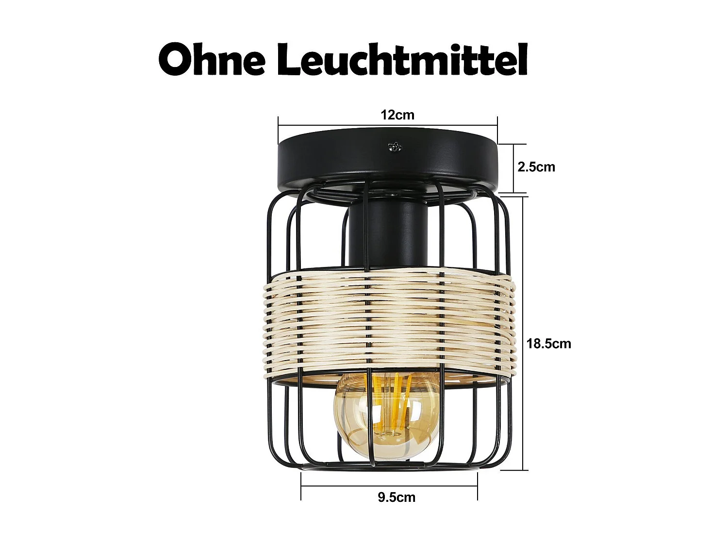NETTLIFE Plafonnier Vintage E27 Spot Noir Lampe en Rotin Industriel Rétro Boho Métal Bambou Lampe de Cuisine pour Salon Couloir Entrée