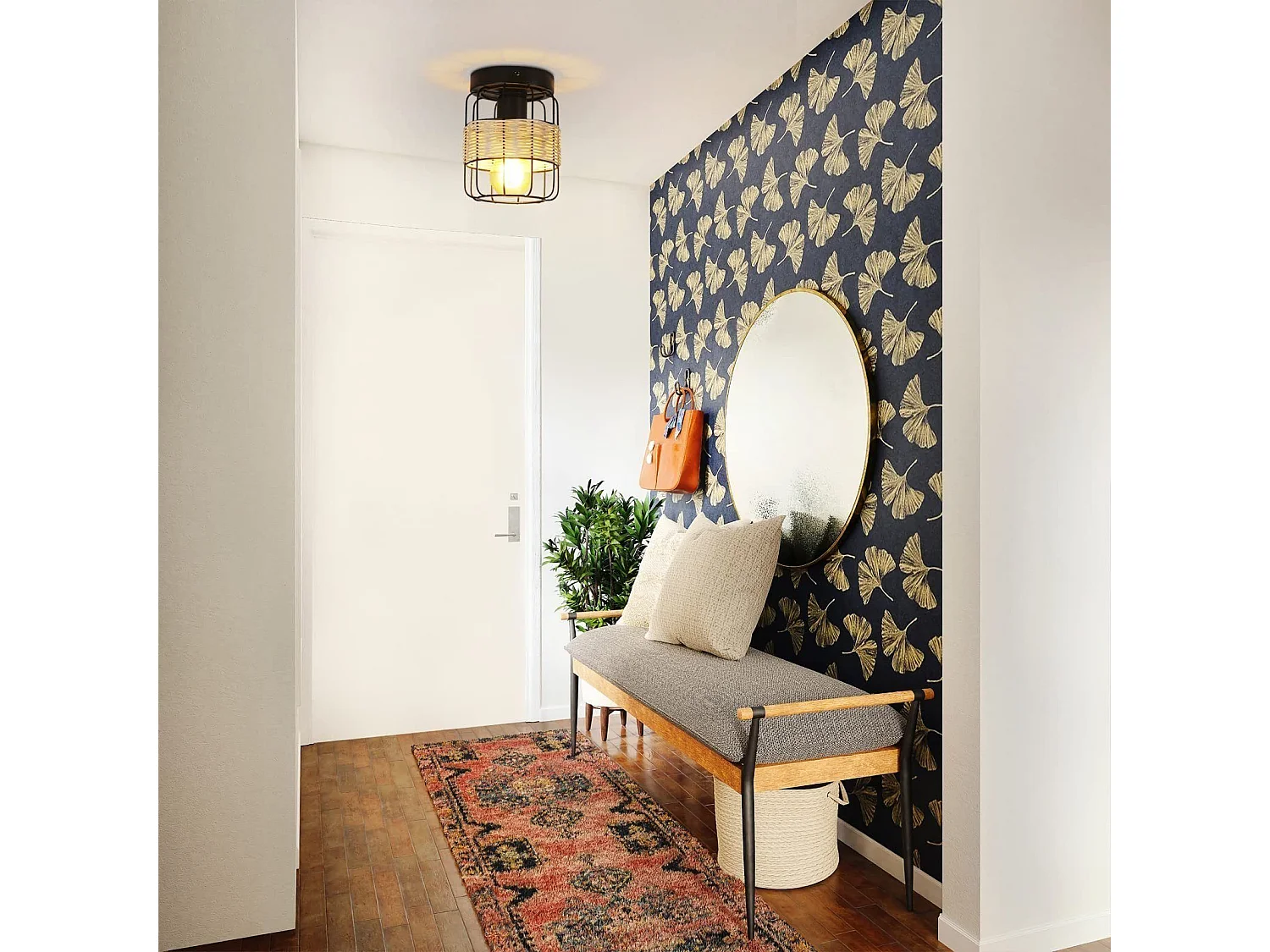 NETTLIFE Plafonnier Vintage E27 Spot Noir Lampe en Rotin Industriel Rétro Boho Métal Bambou Lampe de Cuisine pour Salon Couloir Entrée