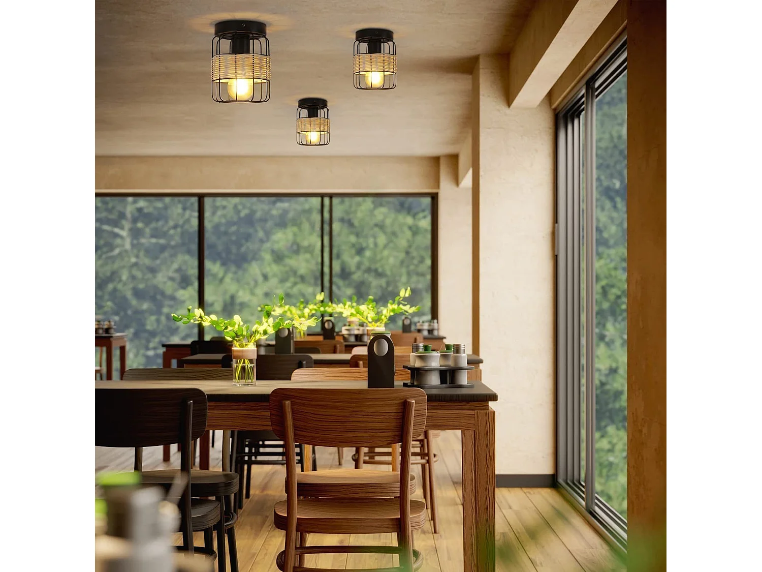 NETTLIFE Plafonnier Vintage E27 Spot Noir Lampe en Rotin Industriel Rétro Boho Métal Bambou Lampe de Cuisine pour Salon Couloir Entrée