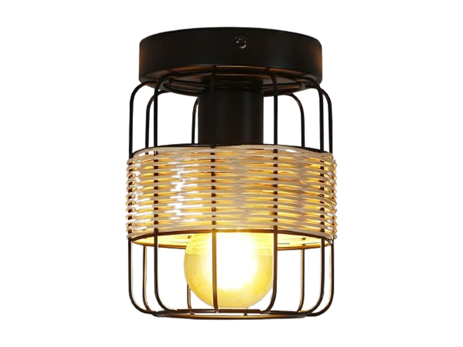 NETTLIFE Plafonnier Vintage E27 Spot Noir Lampe en Rotin Industriel Rétro Boho Métal Bambou Lampe de Cuisine pour Salon Couloir Entrée