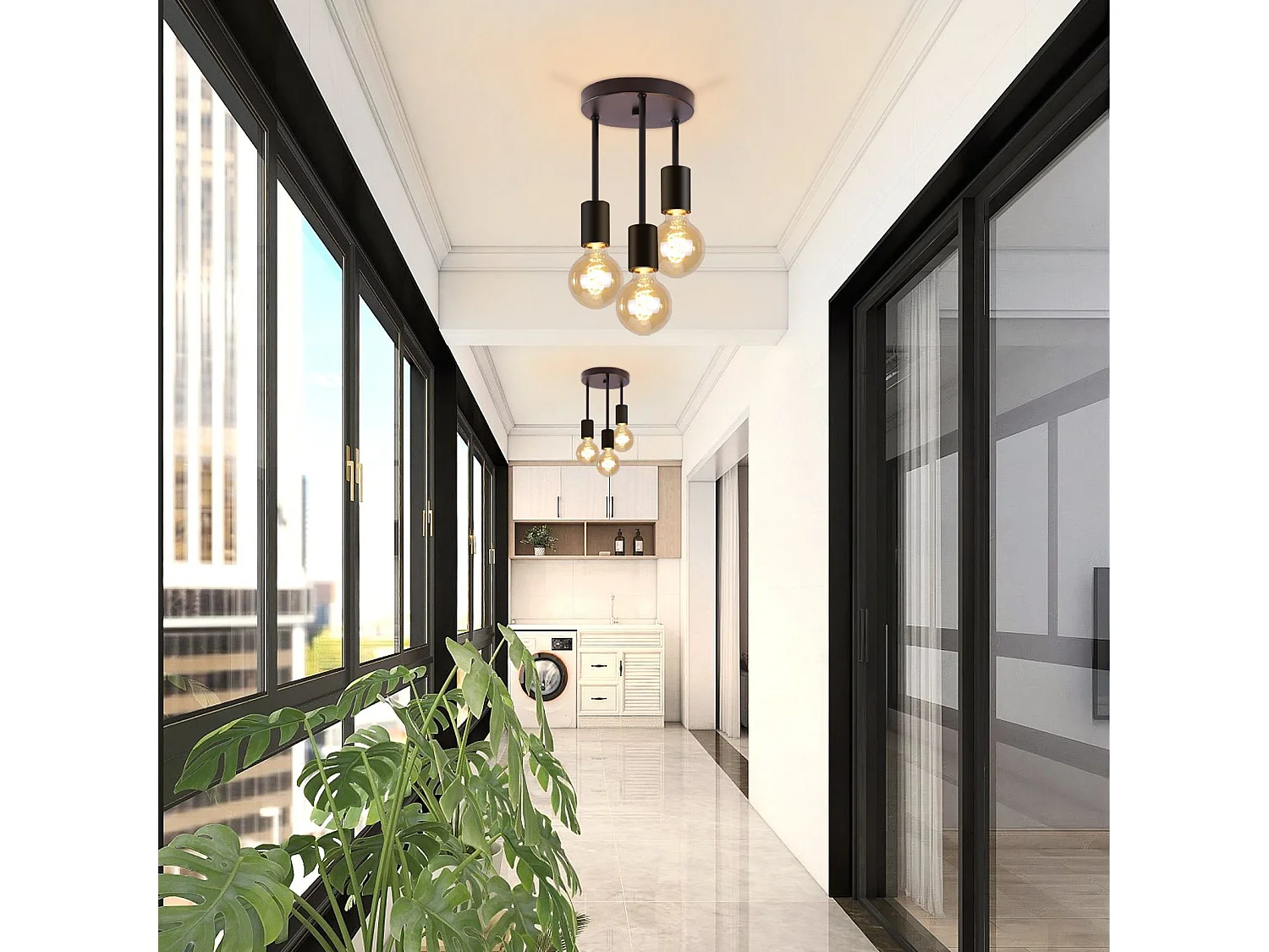 Vintage Schwarze E27 3-Punkt-Deckenleuchte zum Aufhängen mit industriellem Kronleuchter