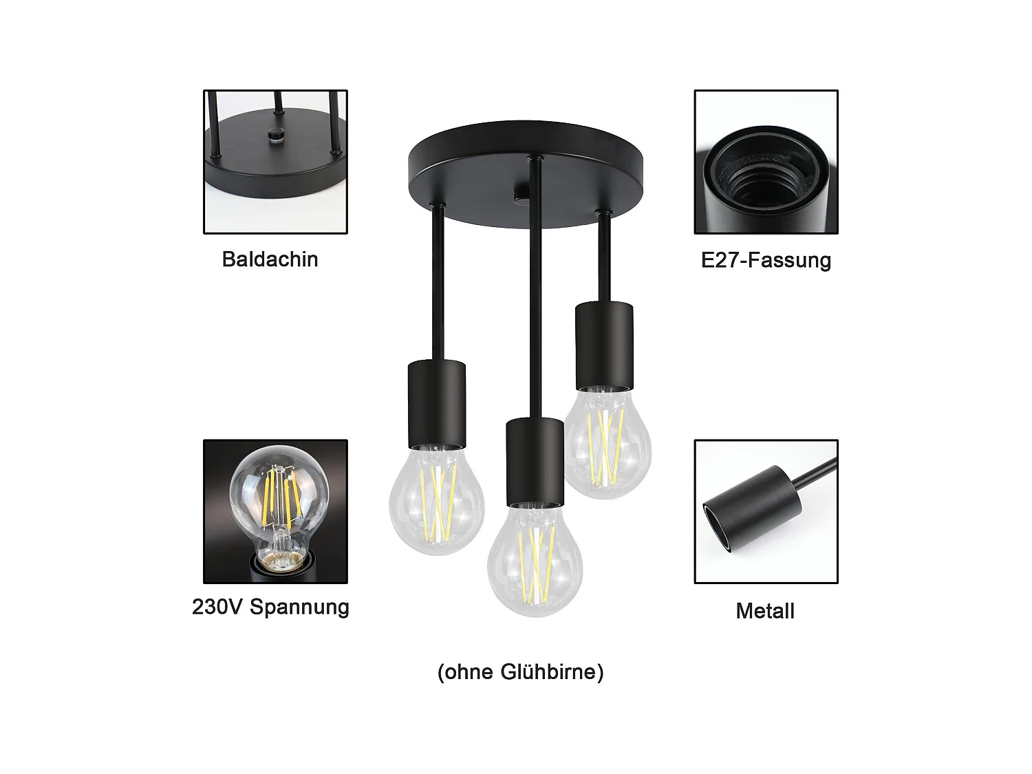 NETTLIFE Plafonnier 3 Spots E27 vintage noir suspendu avec lustre industriel pour salle à manger cuisine couloir salon bar sans ampoule