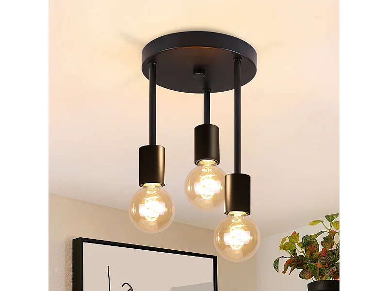 NETTLIFE Plafonnier 3 Spots E27 vintage noir suspendu avec lustre industriel pour salle à manger cuisine couloir salon bar sans ampoule
