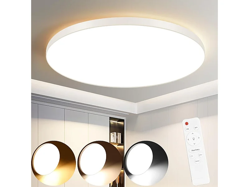NETTLIFE Plafonnier LED 28 cm 30 W rond IP44 Lampe de chambre à intensité variable pour sous-sol Lampe de salle de bain et couloir avec télécommande