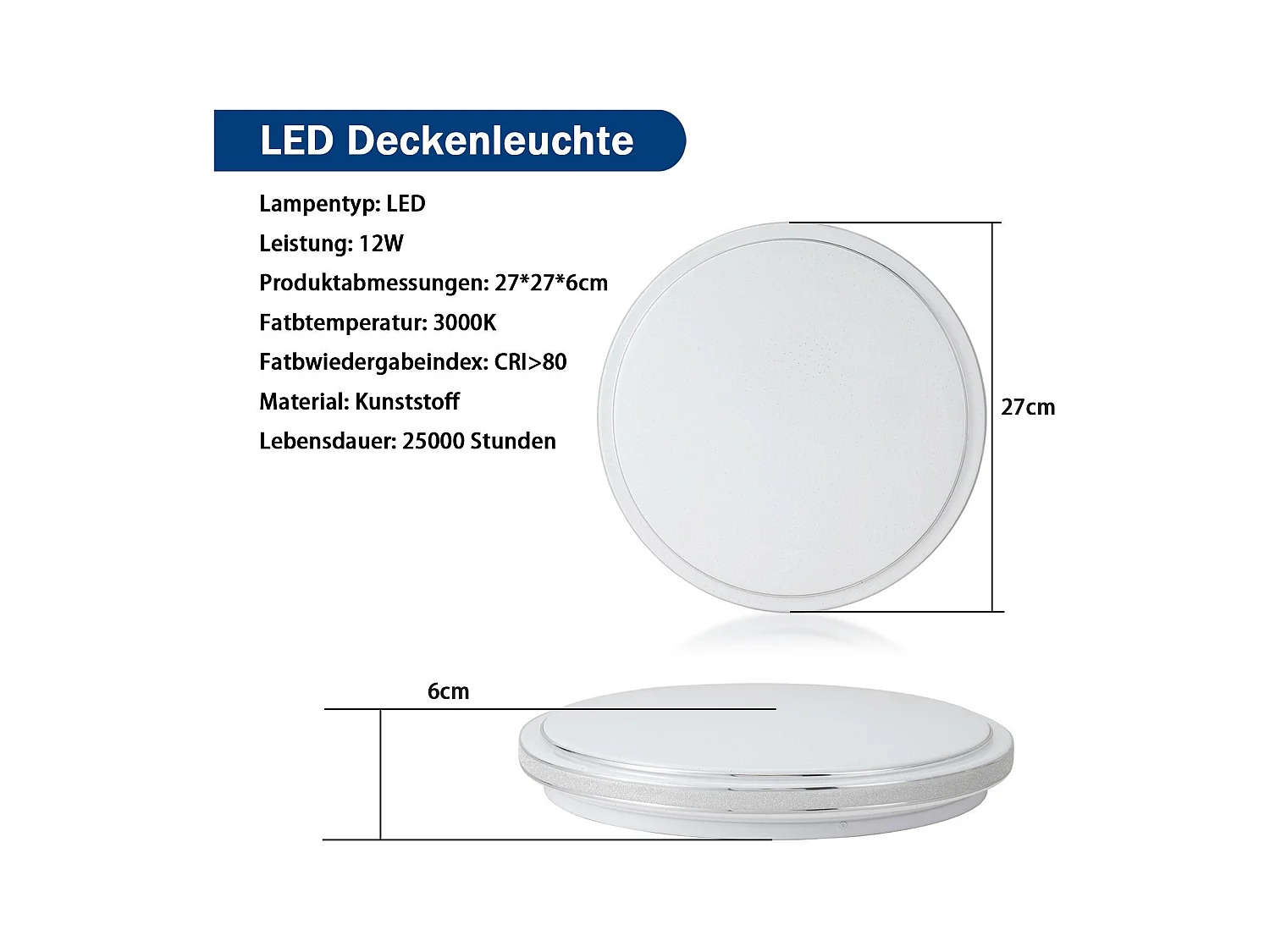 NETTLIFE LED Plafondlamp - rond - zilver - 27cm sterrenhemel slaapkamerlamp - modern 12W keukenlamp - 3000K warm wit - voor hal | woonkamer | kinderkamer