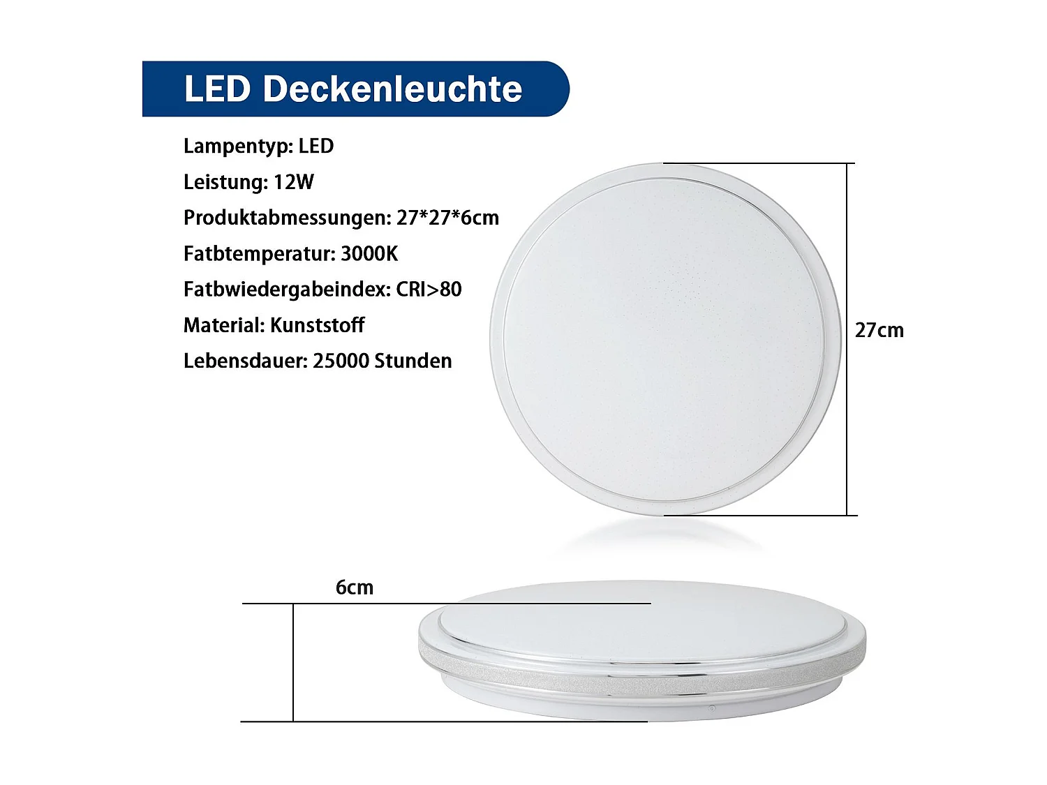 NETTLIFE Plafonnier LED Ø 27 cm Lampe de Chambre Ciel Étoilé Moderne 12 W Lampe Blanc Chaud Lampe Ronde Cuisine pour Couloir Salon