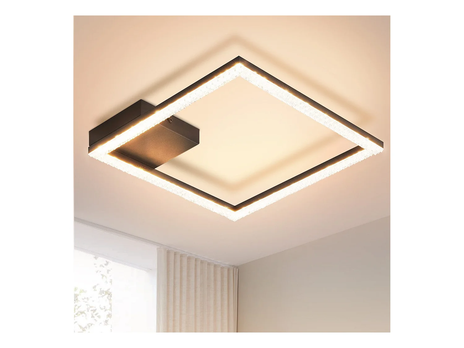 NETTLIFE Plafonnier LED 12 W Blanc Chaud Lampe en Cristal 3000 K Lumière Noir Lampe Moderne Carrée en Métal pour Salon Chambre Couloir Cuisine