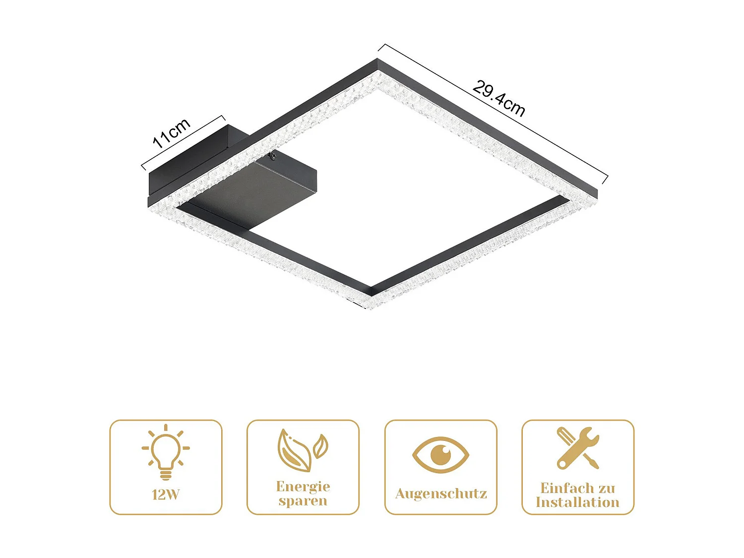 NETTLIFE Plafoniera LED 12W Quadrata Cristallo Bianca Calda 3000K Metallo Nero Moderna Lampada da Soffitto per Soggiorno Camera da Letto Corridoio Cucina