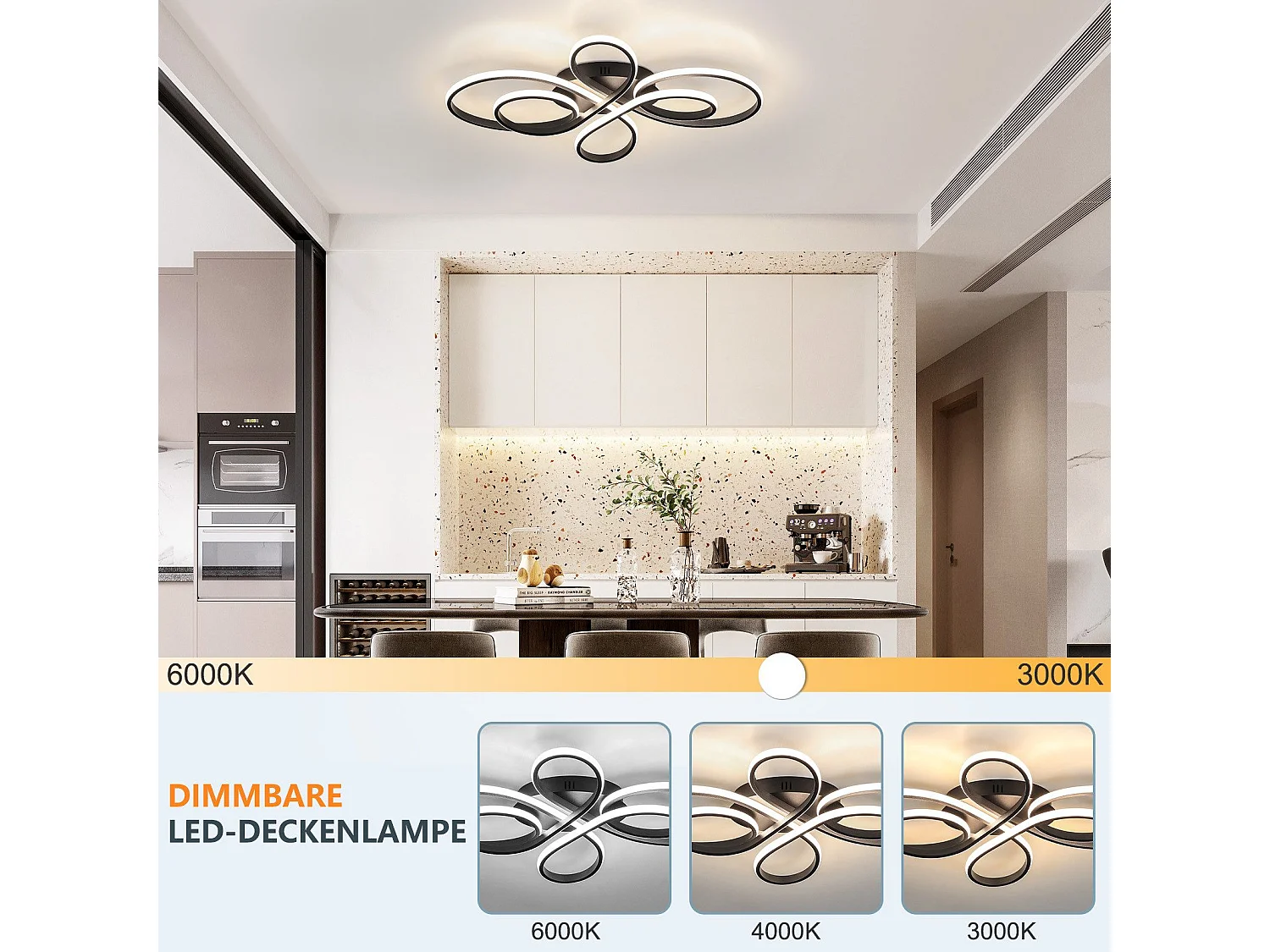 NETTLIFE Moderne dimmbare LED-Deckenleuchte, Schwarz, 66 cm, 65 W, mit Fernbedienung, geeignet für Esszimmer, Büro