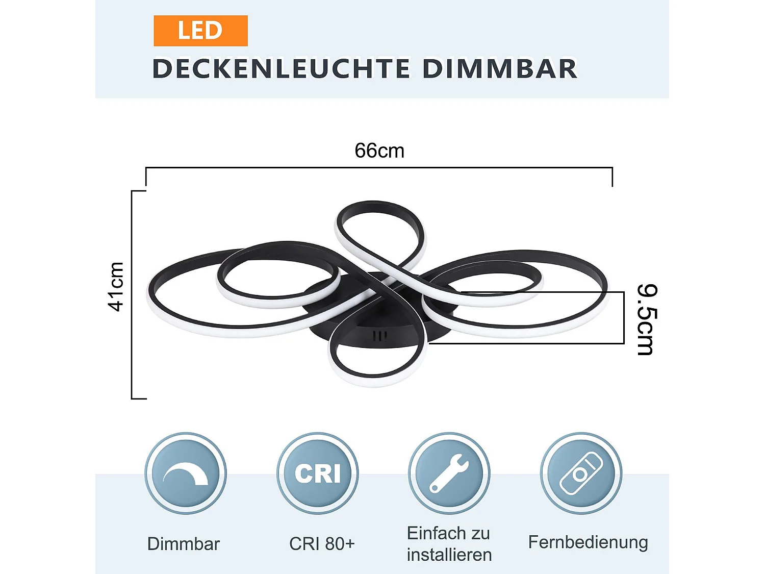 NETTLIFE Moderne dimmbare LED-Deckenleuchte, Schwarz, 66 cm, 65 W, mit Fernbedienung, geeignet für Esszimmer, Büro