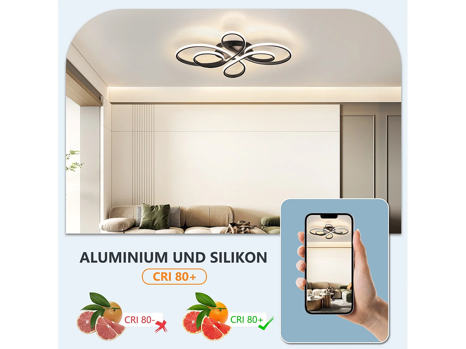 NETTLIFE Plafonnier LED moderne à intensité variable, noir, 66 cm, 65 W, avec télécommande, adapté pour salle à manger, bureau