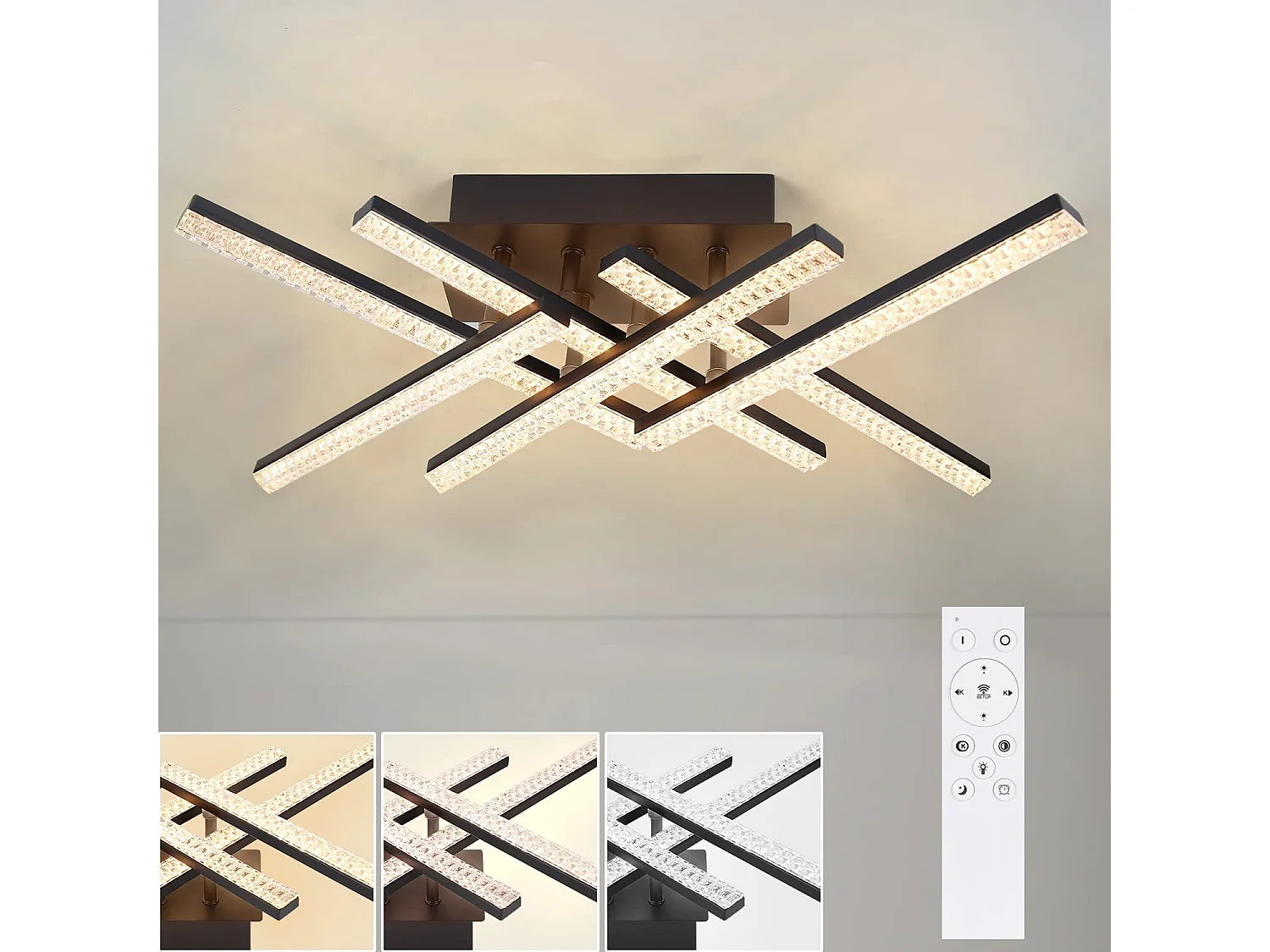 NETTLIFE Plafonnier LED Lampe de Salon Moderne 50 cm Lampe Noir avec Télécommande 36 W Lampe Cristal pour Chambre Cuisine Couloir Salle à Manger