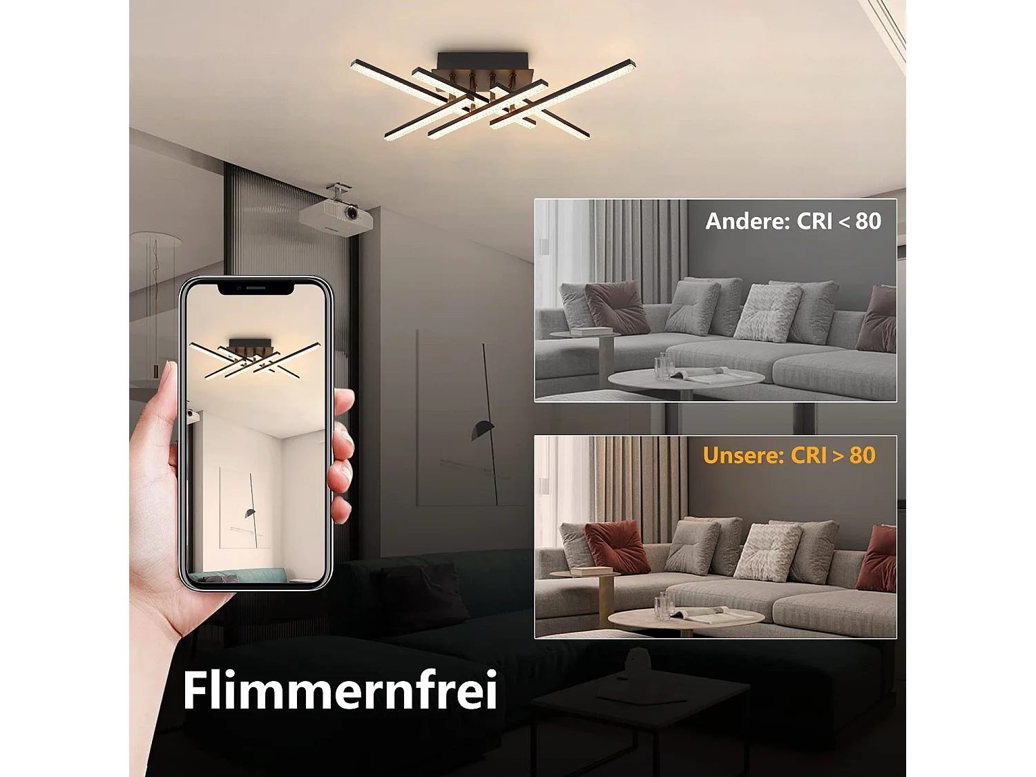 NETTLIFE Plafonnier LED Lampe de Salon Moderne 50 cm Lampe Noir avec Télécommande 36 W Lampe Cristal pour Chambre Cuisine Couloir Salle à Manger