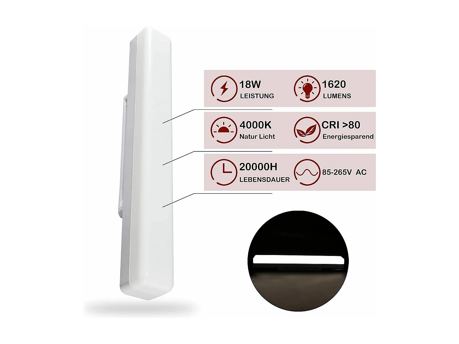 NETTLIFE Plafonnier LED Cuisine Long 40 cm Lumière du Jour 18 W Plafond Blanc Neutre pour Sous-Sol Couloir Bureau Garage Chambre