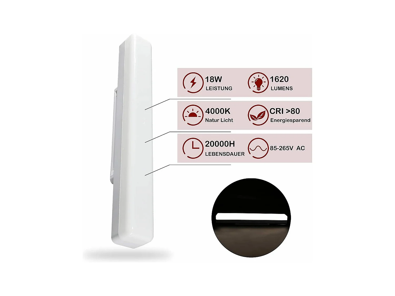 NETTLIFE Plafonnier LED Cuisine Long 40 cm Lumière du Jour 18 W Plafond Blanc Neutre pour Sous-Sol Couloir Bureau Garage Chambre