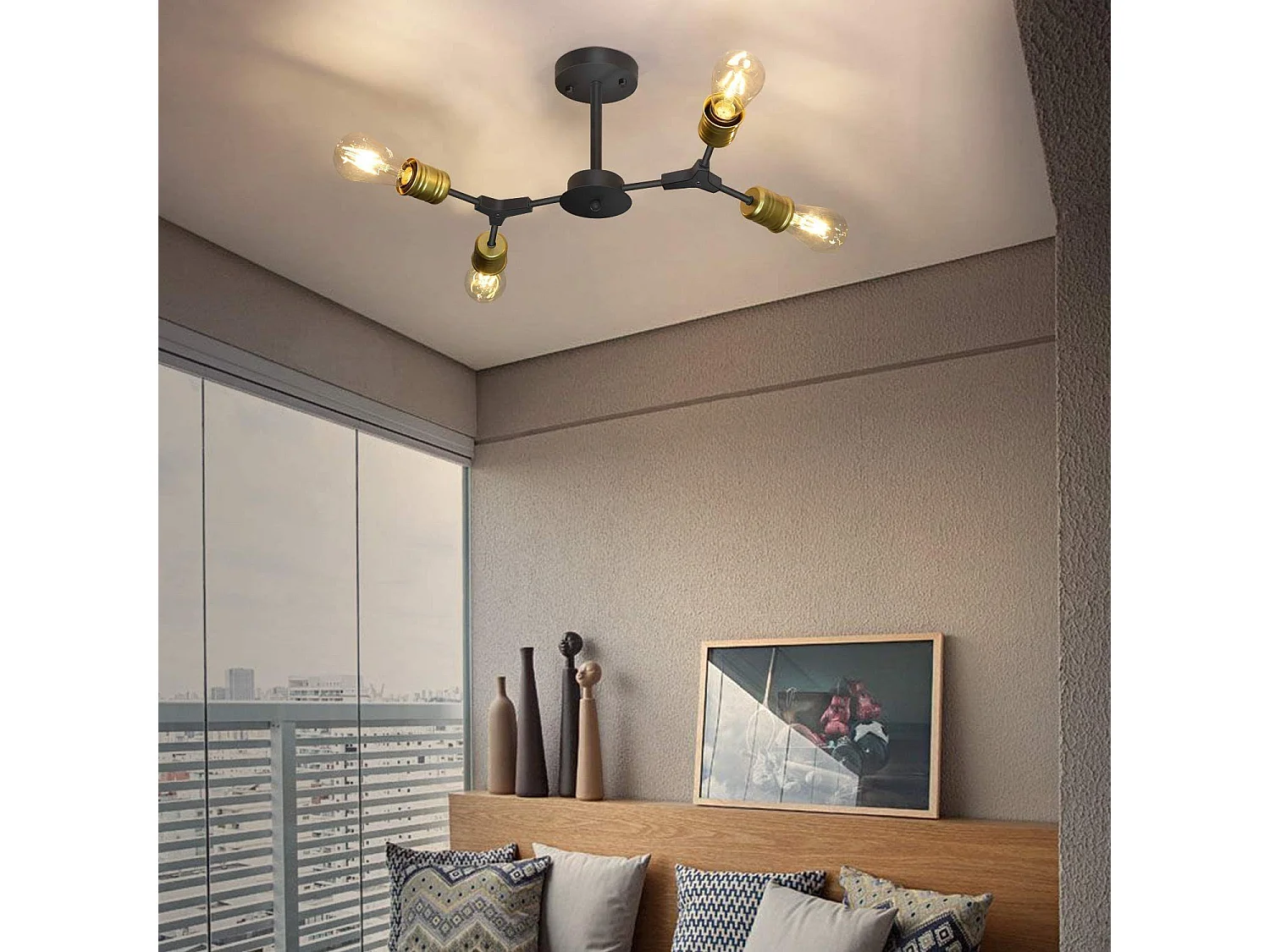 NETTLIFE Plafondlamp E27 – zwart – 4-Lichts - Metaal - 27cm - Vintage Plafondverlichting – Metaal Hallamp - voor Slaapkamer | Woonkamer – Max. 25 W