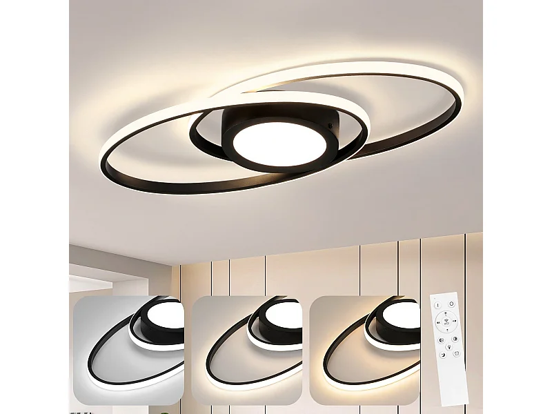NETTLIFE Plafondlamp LED - ovaal - zwart - 2-Lichts - 3000 -6000K Dimbaar - Metaal - 48W - Moderne Slaapkamerverlichting - voor Woonkamer | Keuken | Hotel - 50cm