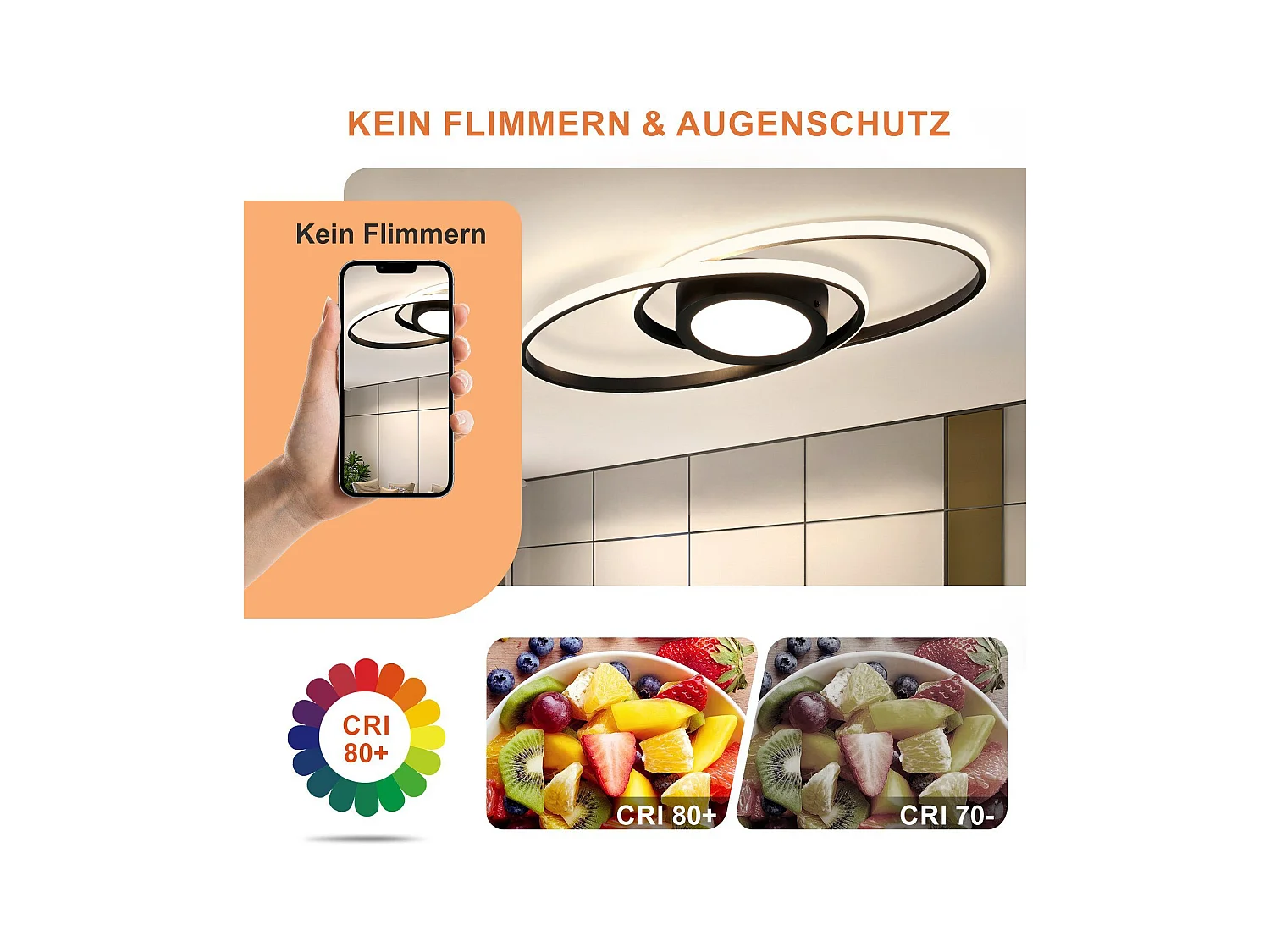 NETTLIFE LED Deckenleuchte Schwarz 3000K-6500K Dimmbar 48W Kinderzimmer Wohnzimmer mit Fernbedienung Modern für Schlafzimmer Küche Balkon
