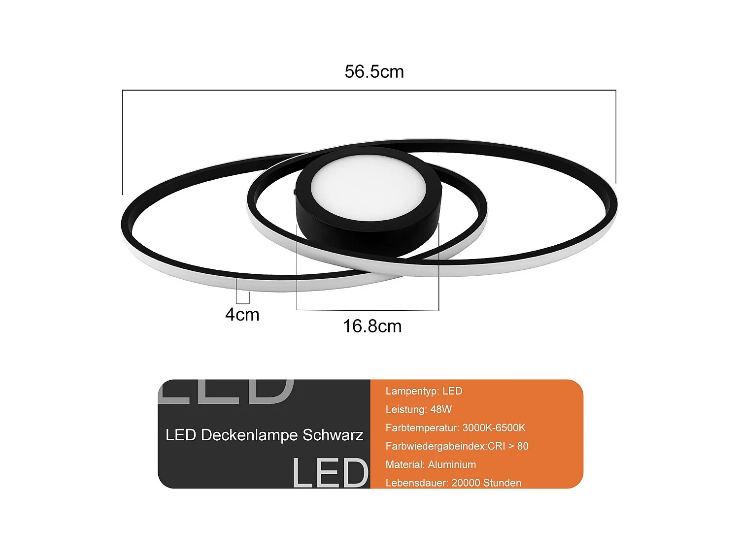 NETTLIFE LED Deckenleuchte Schwarz 3000K-6500K Dimmbar 48W Kinderzimmer Wohnzimmer mit Fernbedienung Modern für Schlafzimmer Küche Balkon