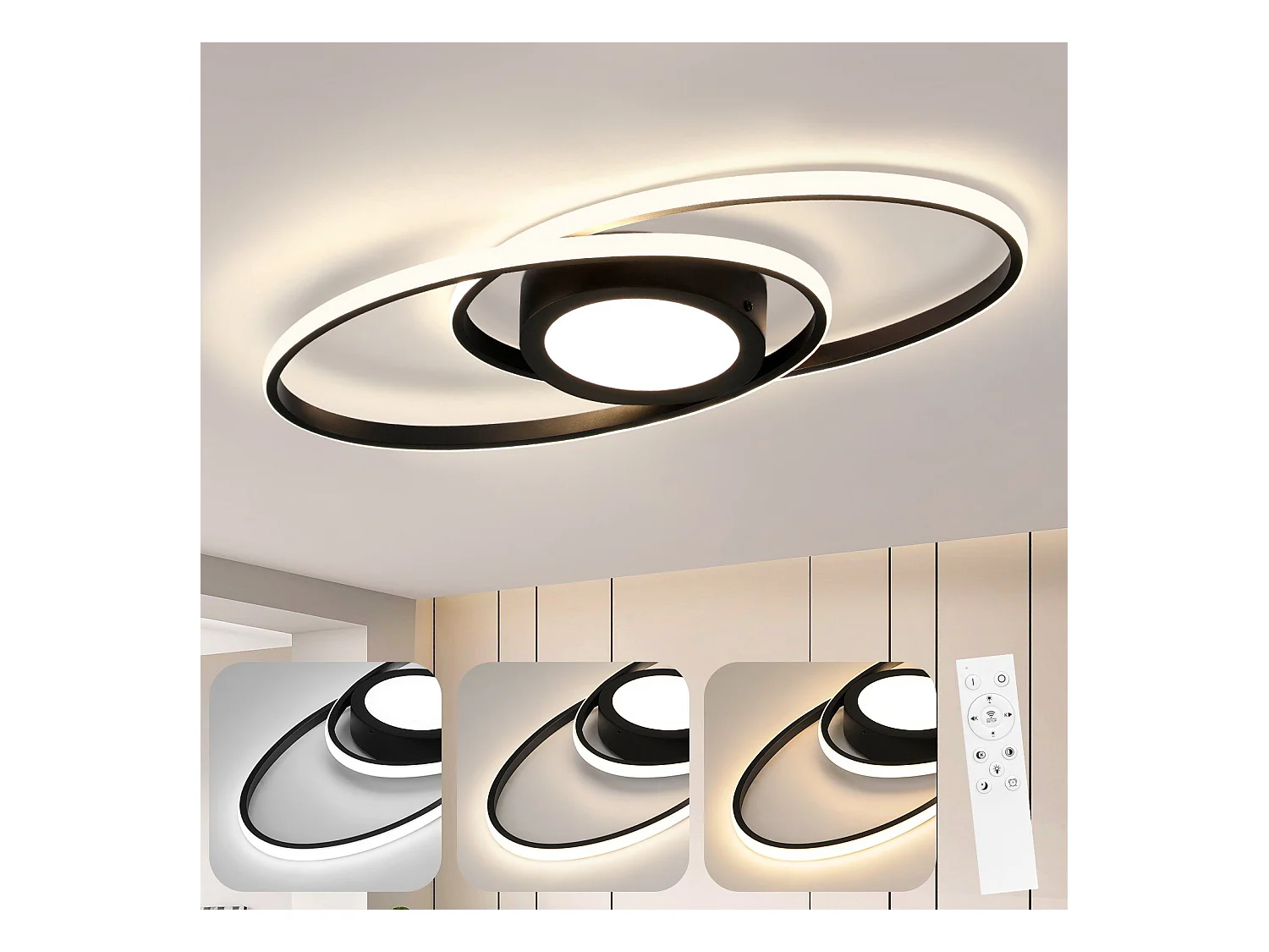 NETTLIFE Plafondlamp LED - ovaal - zwart - 2-Lichts - 3000 -6000K Dimbaar - Metaal - 48W - Moderne Slaapkamerverlichting - voor Woonkamer | Keuken | Hotel - 50cm