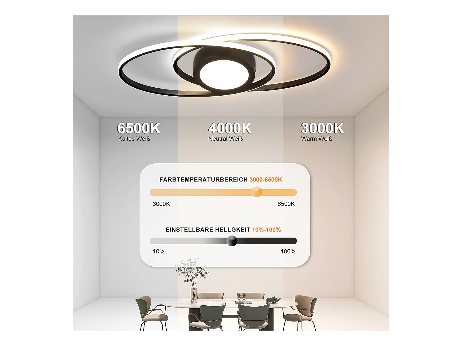 NETTLIFE Plafondlamp LED - ovaal - zwart - 2-Lichts - 3000 -6000K Dimbaar - Metaal - 48W - Moderne Slaapkamerverlichting - voor Woonkamer | Keuken | Hotel - 50cm