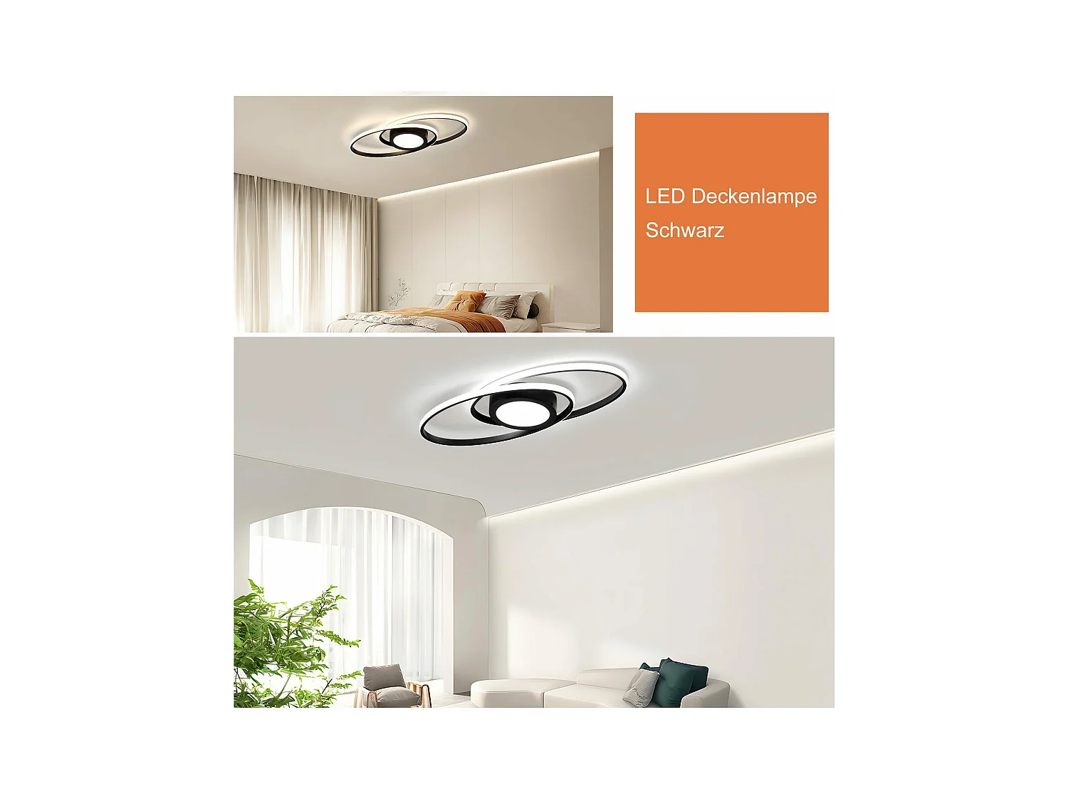 NETTLIFE Plafondlamp LED - ovaal - zwart - 2-Lichts - 3000 -6000K Dimbaar - Metaal - 48W - Moderne Slaapkamerverlichting - voor Woonkamer | Keuken | Hotel - 50cm