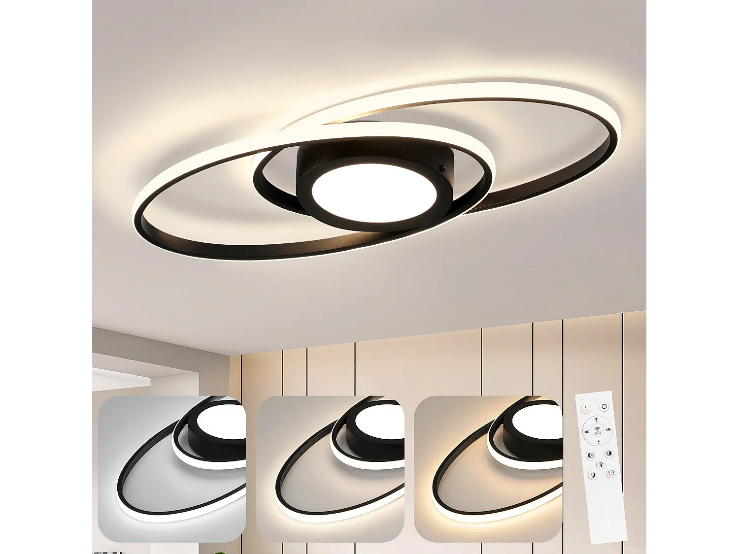 NETTLIFE Plafondlamp LED - ovaal - zwart - 2-Lichts - 3000 -6000K Dimbaar - Metaal - 48W - Moderne Slaapkamerverlichting - voor Woonkamer | Keuken | Hotel - 50cm