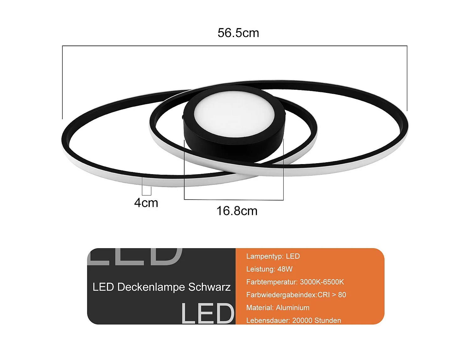 NETTLIFE Plafondlamp LED - ovaal - zwart - 2-Lichts - 3000 -6000K Dimbaar - Metaal - 48W - Moderne Slaapkamerverlichting - voor Woonkamer | Keuken | Hotel - 50cm
