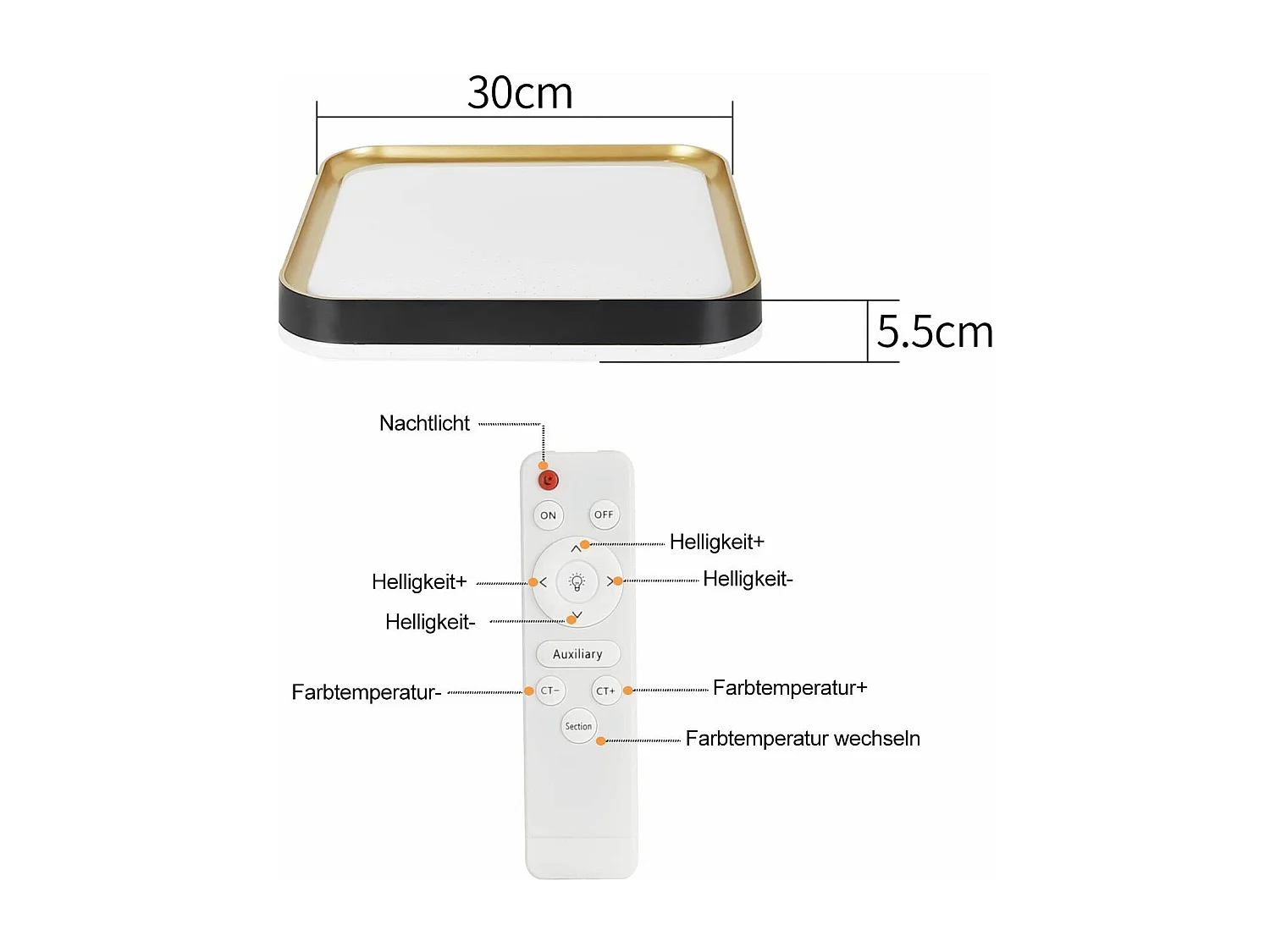 NETTLIFE Lámpara de Techo LED Cuadrada Moderna 32W Oro Negro Regulable con Control Remoto Lámpara de Pasillo 30cm para Sala de Estar Dormitorio Cocina