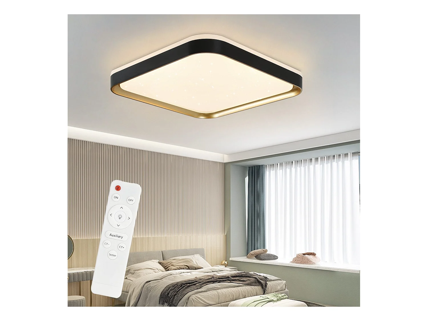 NETTLIFE Plafonnier LED Moderne Carré 32W Noir Or Dimmable avec Télécommande Lampe de Couloir 30cm pour Salon Chambre Cuisine