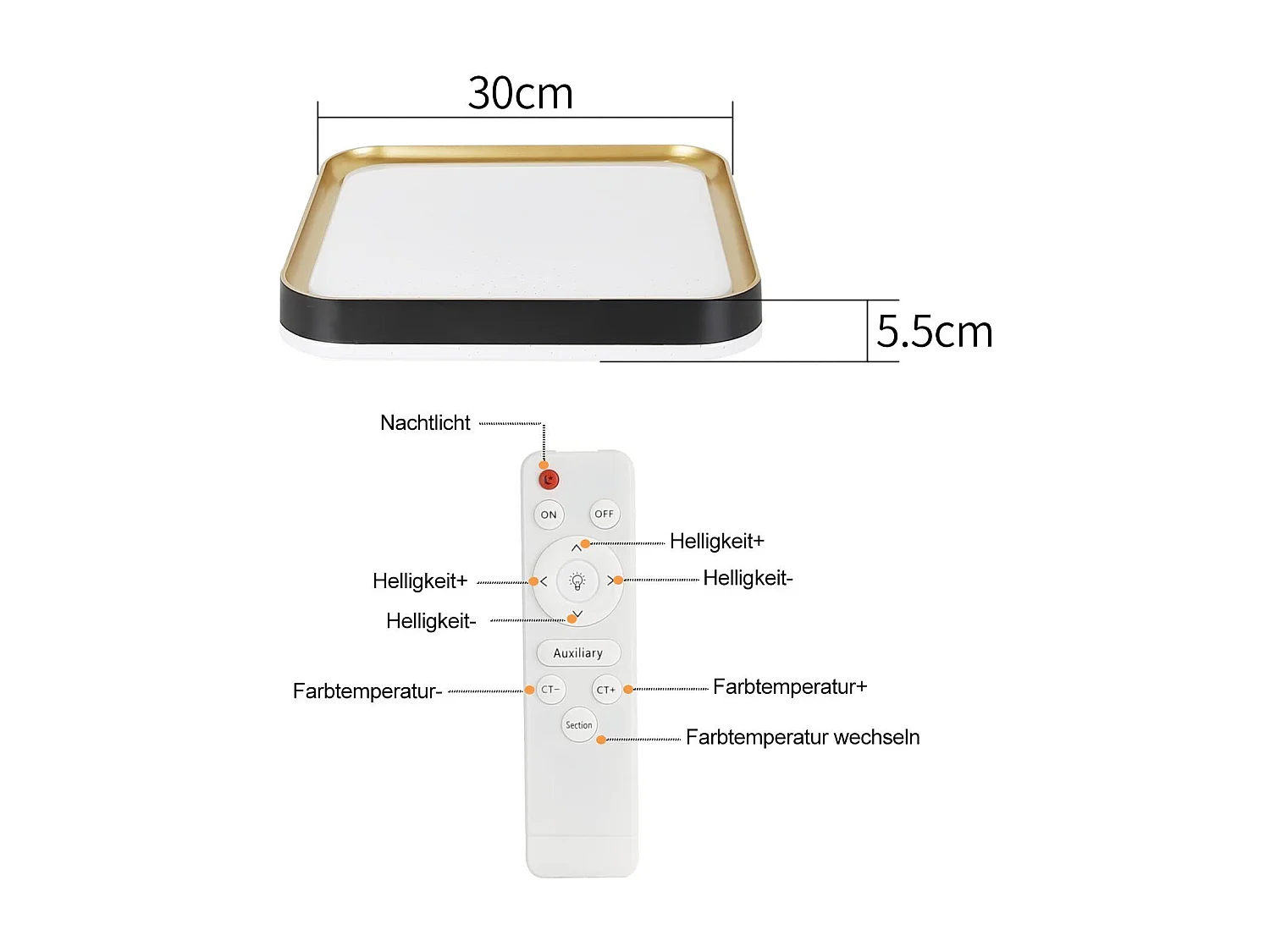 NETTLIFE Plafonnier LED Moderne Carré 32W Noir Or Dimmable avec Télécommande Lampe de Couloir 30cm pour Salon Chambre Cuisine