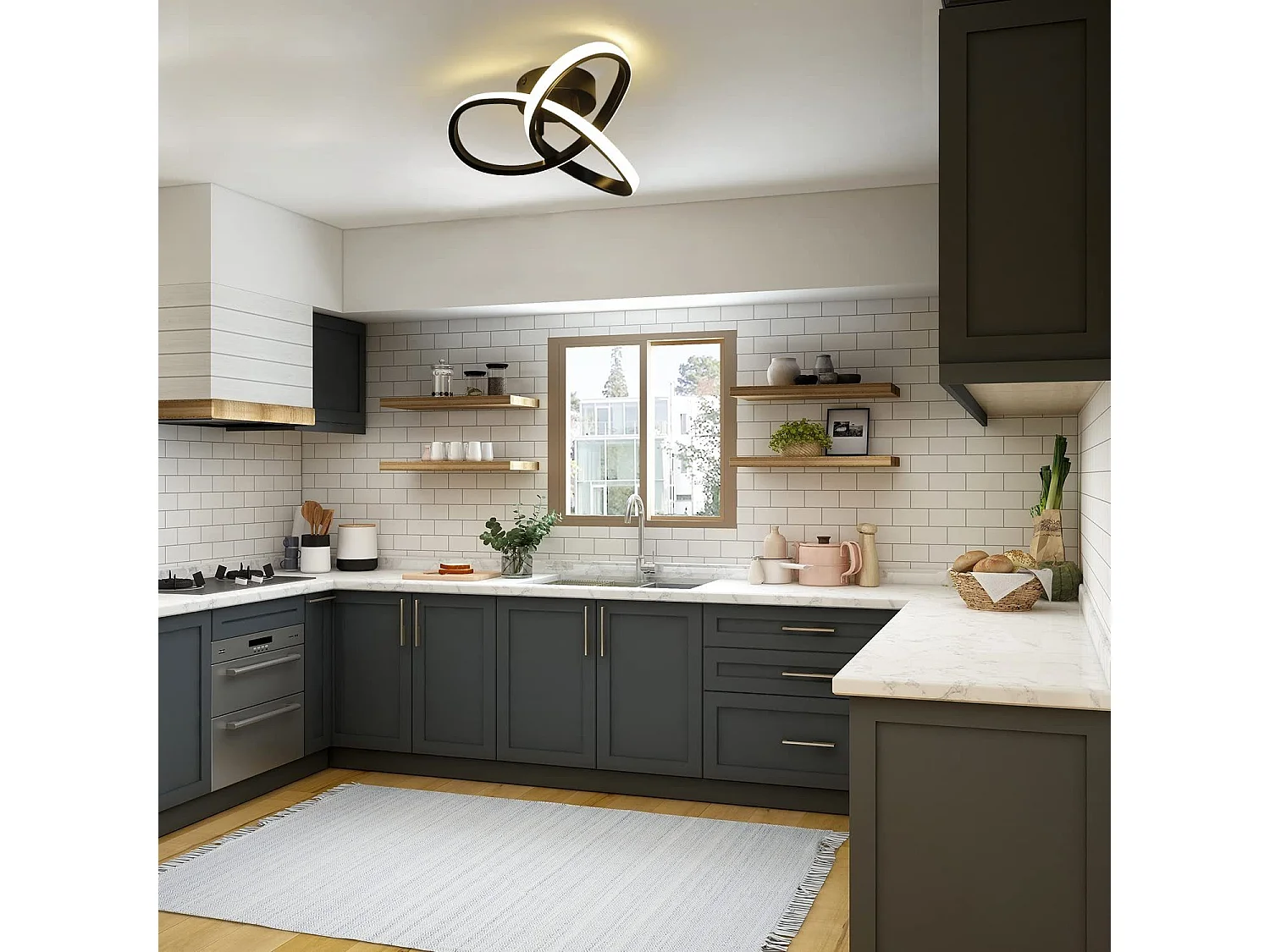 NETTLIFE Lámpara de techo LED Blanco Caliente - 17W, Lámpara Negra, Lámpara de Cocina Moderna Pequeña 3000K para Habitación de Niños, Salón