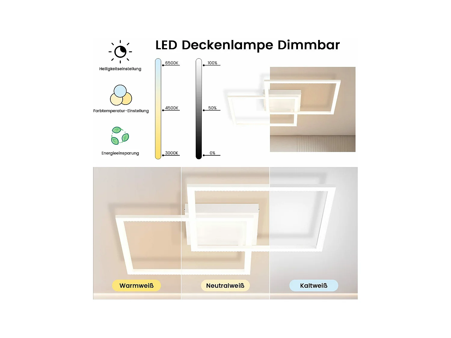 NETTLIFE Plafondlamp LED Kristal  vierkant wit 2-Lichts 3000-6000K Dimbaar Metaal 52W met Afstandsbediening Moderne Keukenverlichting voor Woonkamer Slaapkamer 54cm
