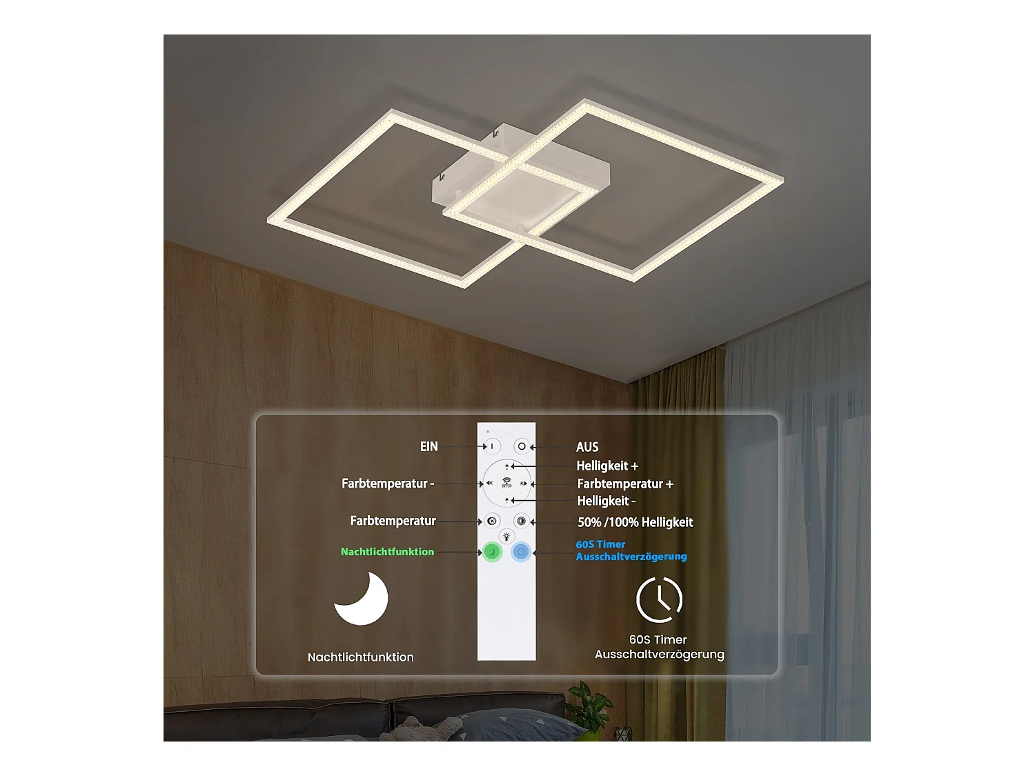NETTLIFE Plafondlamp LED Kristal  vierkant wit 2-Lichts 3000-6000K Dimbaar Metaal 52W met Afstandsbediening Moderne Keukenverlichting voor Woonkamer Slaapkamer 54cm