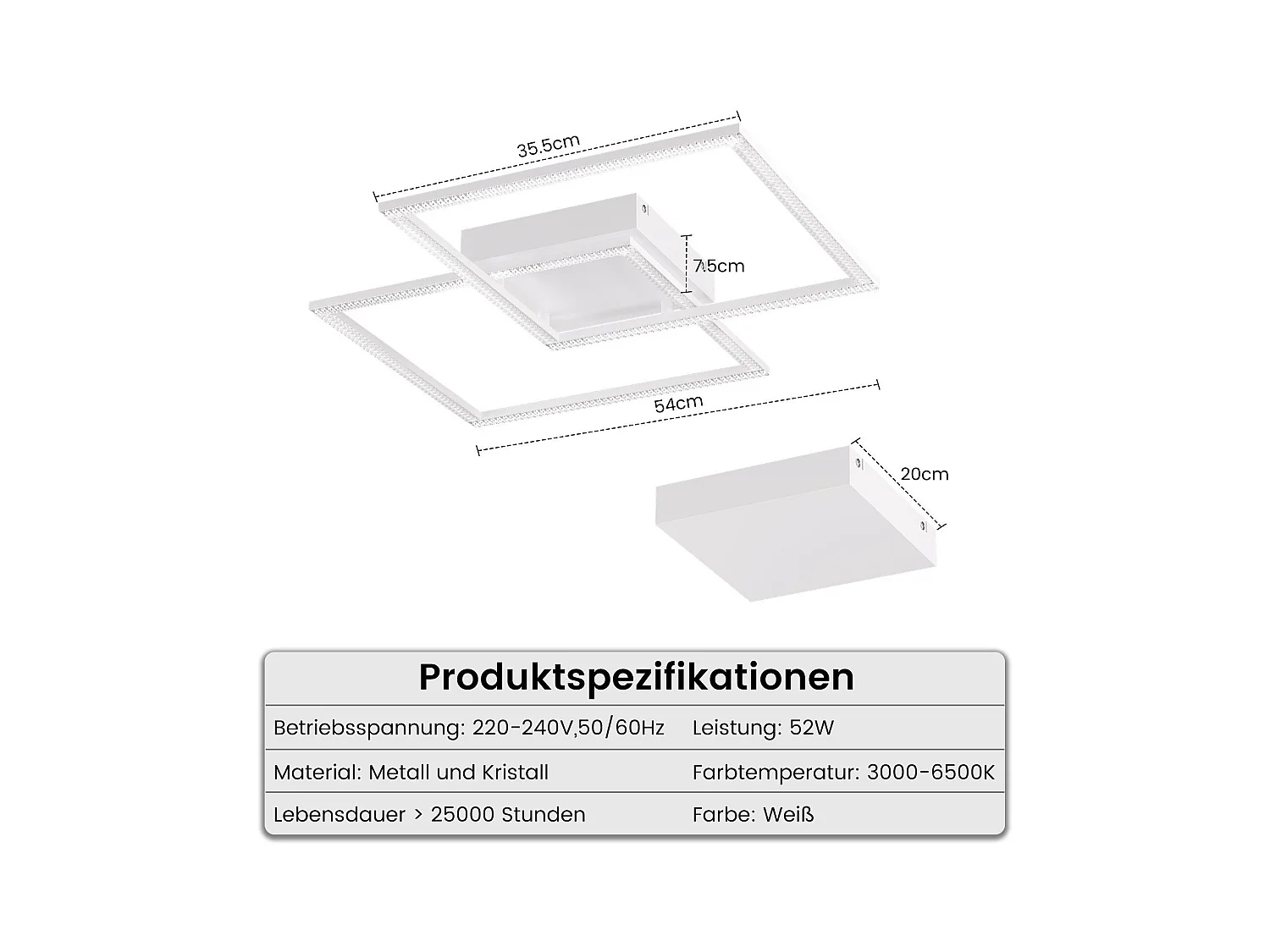 NETTLIFE Plafondlamp LED Kristal  vierkant wit 2-Lichts 3000-6000K Dimbaar Metaal 52W met Afstandsbediening Moderne Keukenverlichting voor Woonkamer Slaapkamer 54cm