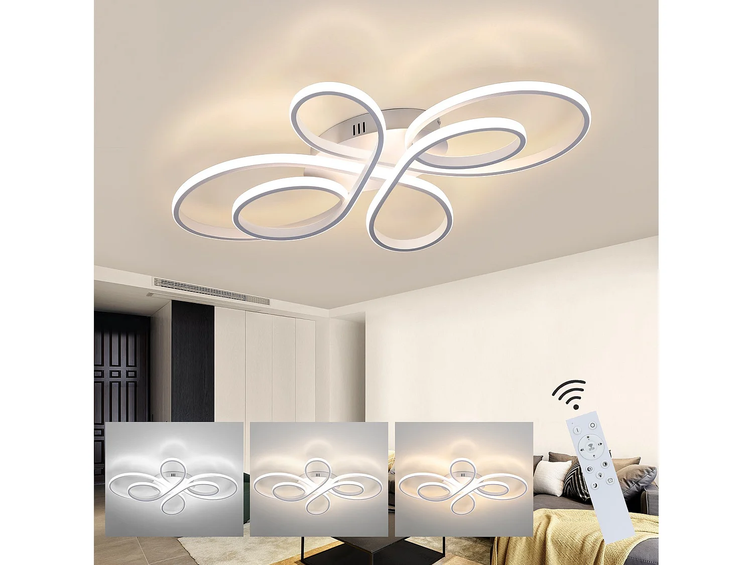 NETTLIFE Plafonnier LED Dimmable 80 cm Blanc 78 W Salon Design Moderne Chambre avec Télécommande Idéal pour Salle à Manger Bureau Cuisine