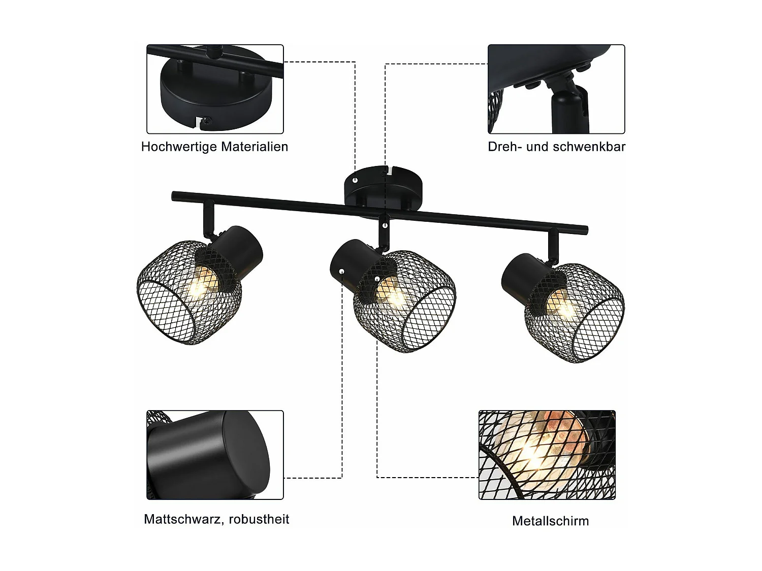 NETTLIFE Plafonnier 3 Spots de Max.25W E27 Plafond Noir Vintage Ampoules Métal Pivotant 330° Intérieur pour Salon Couloir Cuisine Chambre d'Enfant