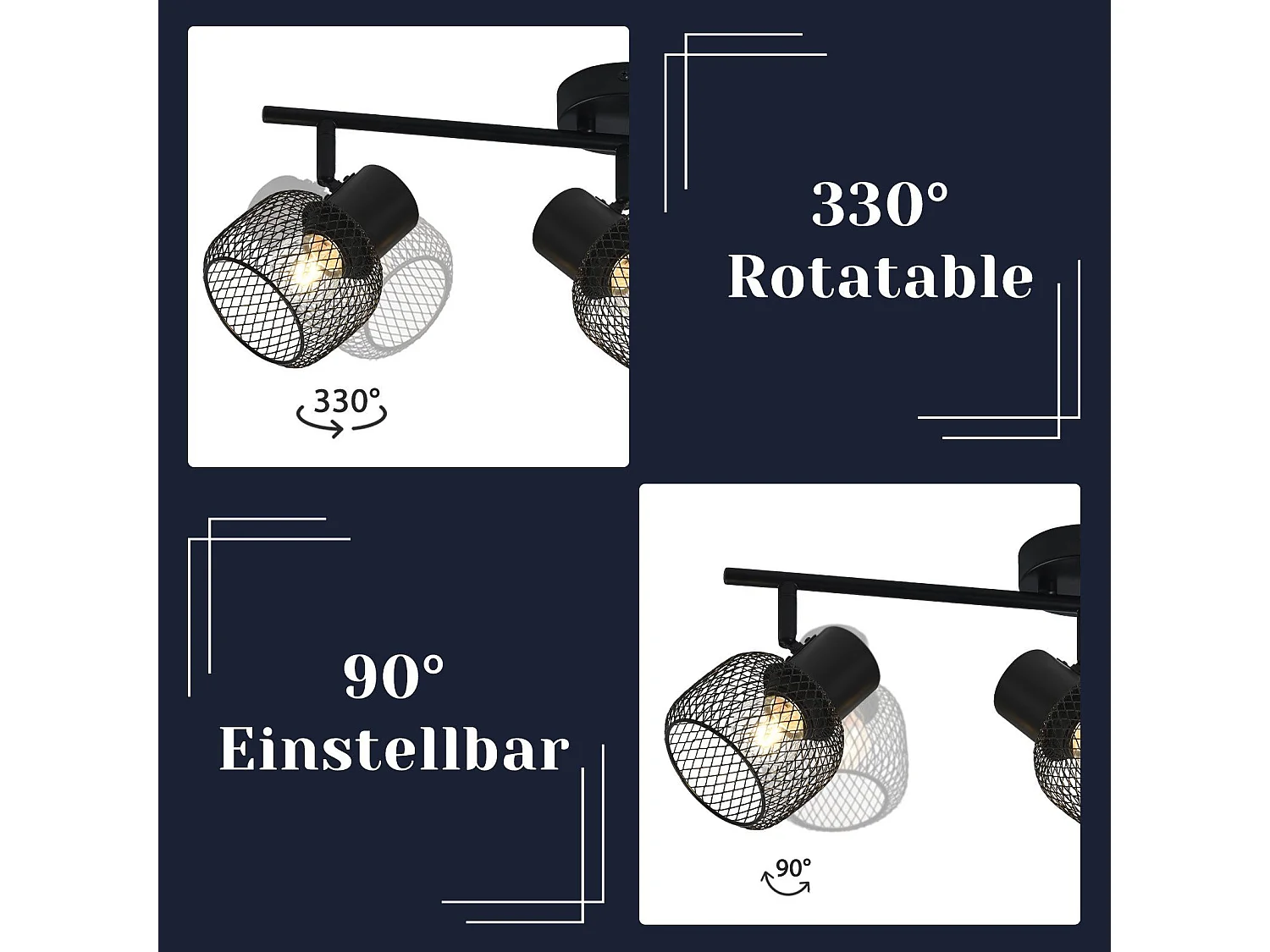 NETTLIFE Plafonnier 3 Spots de Max.25W E27 Plafond Noir Vintage Ampoules Métal Pivotant 330° Intérieur pour Salon Couloir Cuisine Chambre d'Enfant