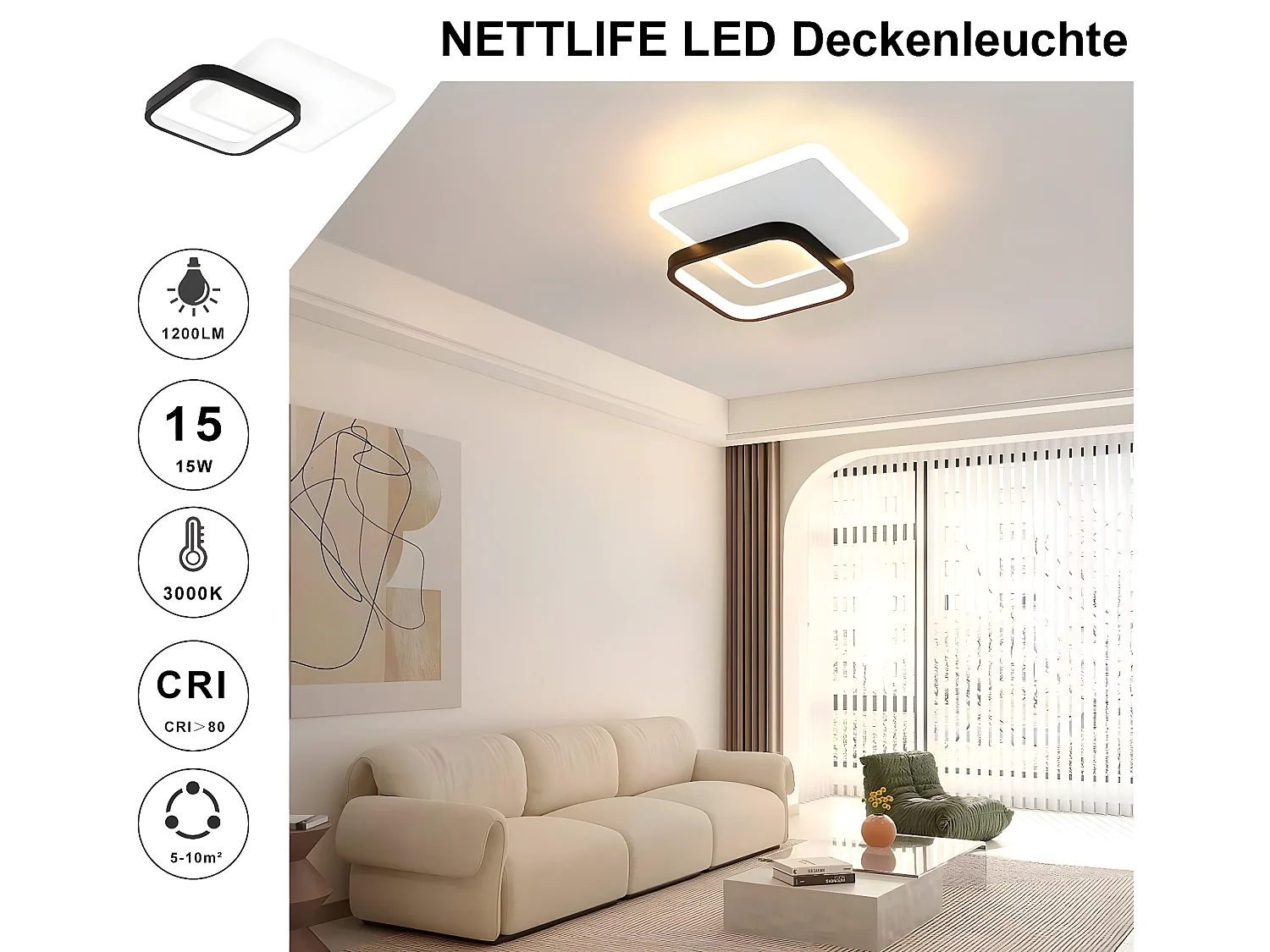 NETTLIFE Plafonnier LED 3000K 24.5cm 22W Lampe de Couloir Design Moderne Cuisine Lampe Noir pour Chambre Salon