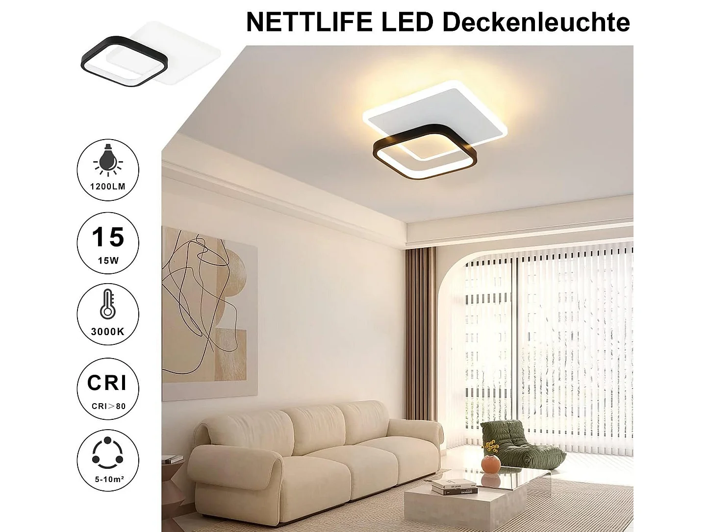 LED Deckenleuchte 3000k 24,5cm 22w Flurlampe Modernes Design Küchenlampe Schwarz