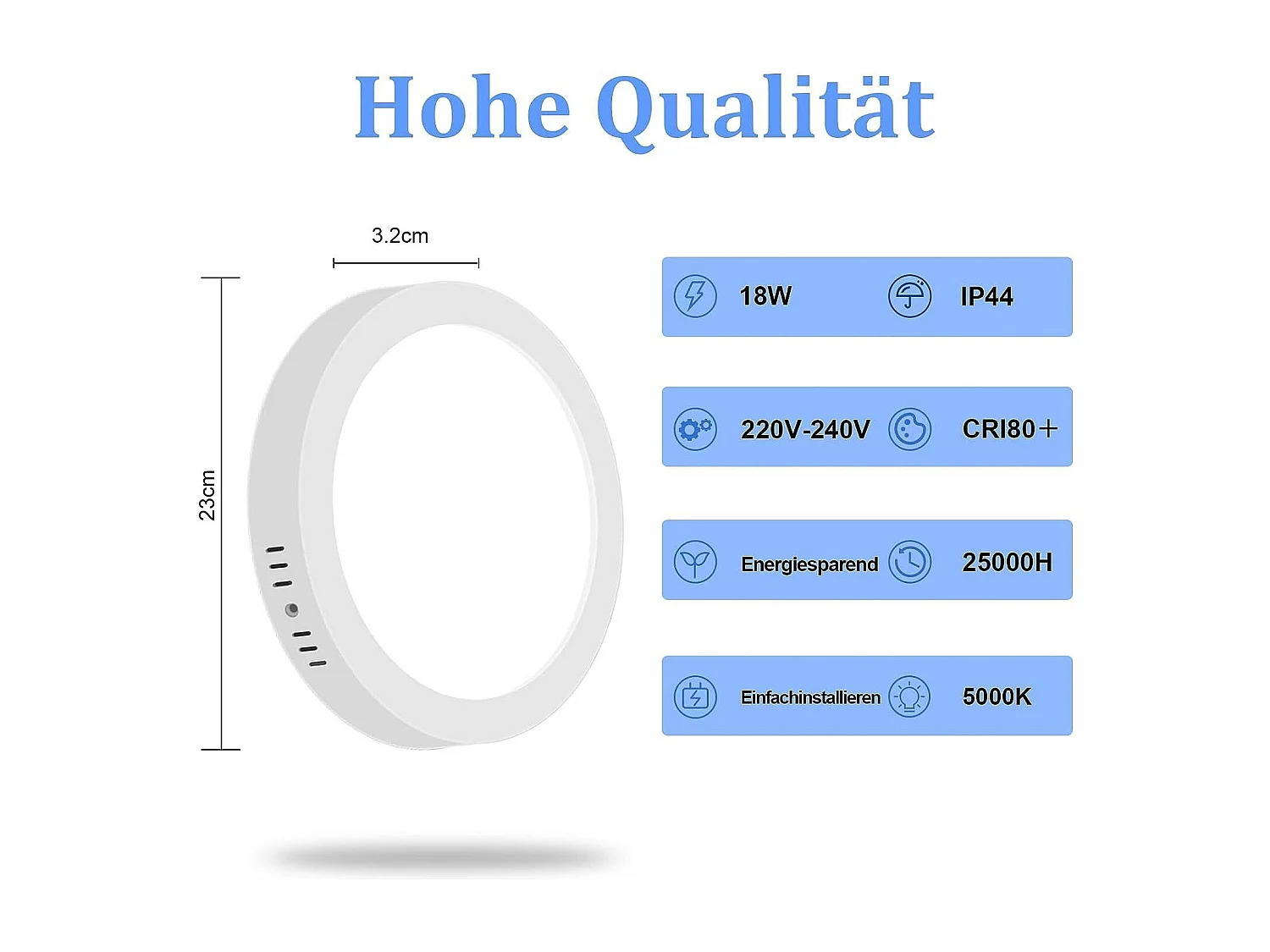 NETTLIFE Lámpara de Techo LED 5000K 23CM Redonda IP44 Blanca 18W Lámpara de Baño Moderna Fría Impermeable para  Oficina Salón Habitación Infantil Baño