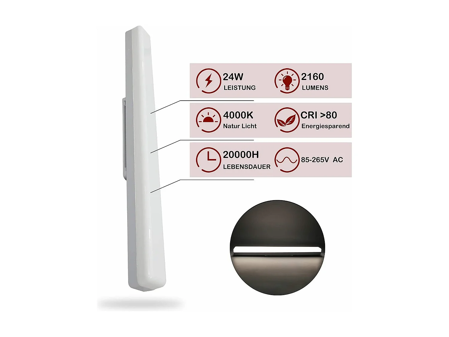 NETTLIFE Plafonnier LED Cuisine 24W Lumière du Jour Plafond 60cm de Long 4000K Blanc Neutre Lampe de Couloir Intérieur pour Garage Sous-Sol Bureau