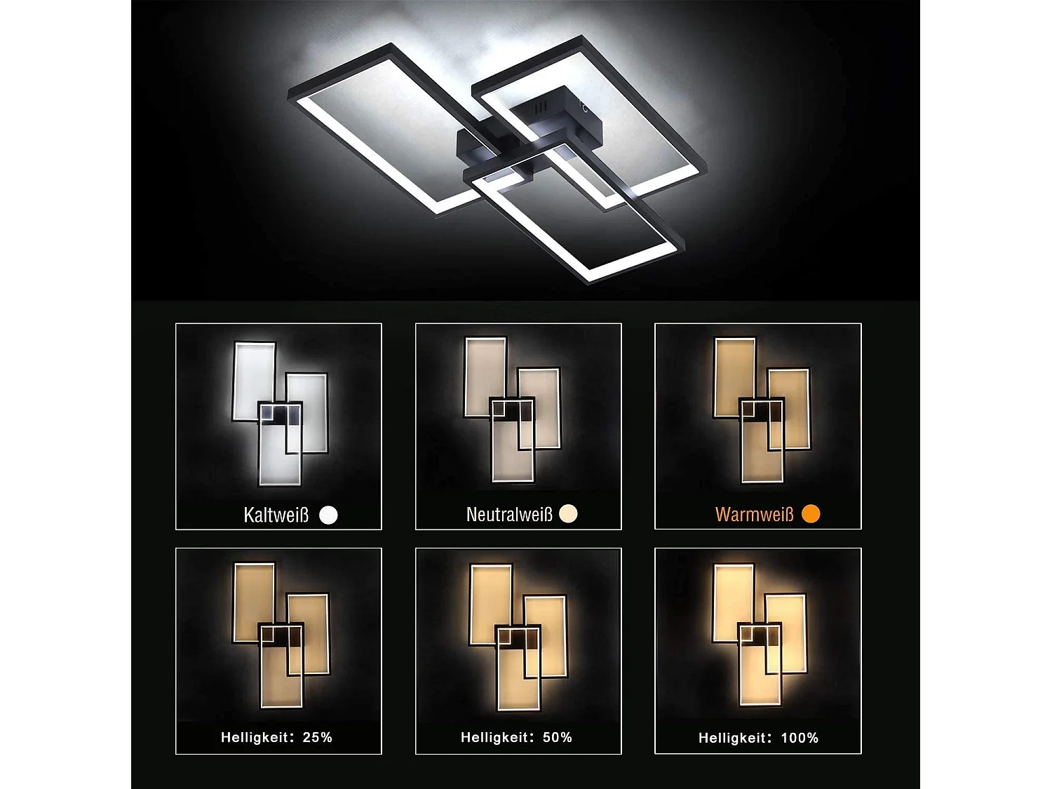 63 W dimmbare LED-Deckenleuchte mit Fernbedienung, modernes Design, aus schwarzem Metall